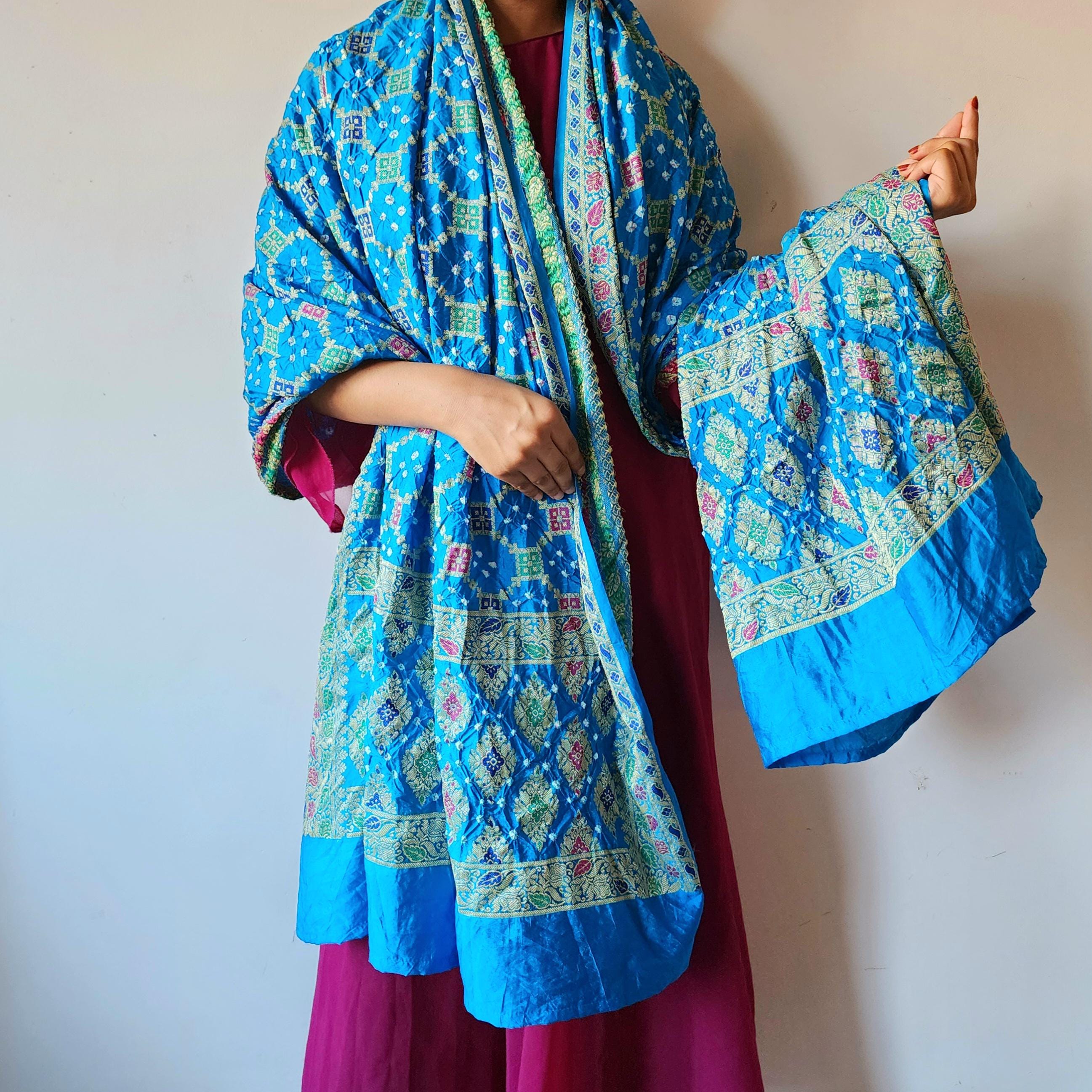 Sky Blue Bandhni Dupatta with Golden Border & Banarasi Meenakari Weave