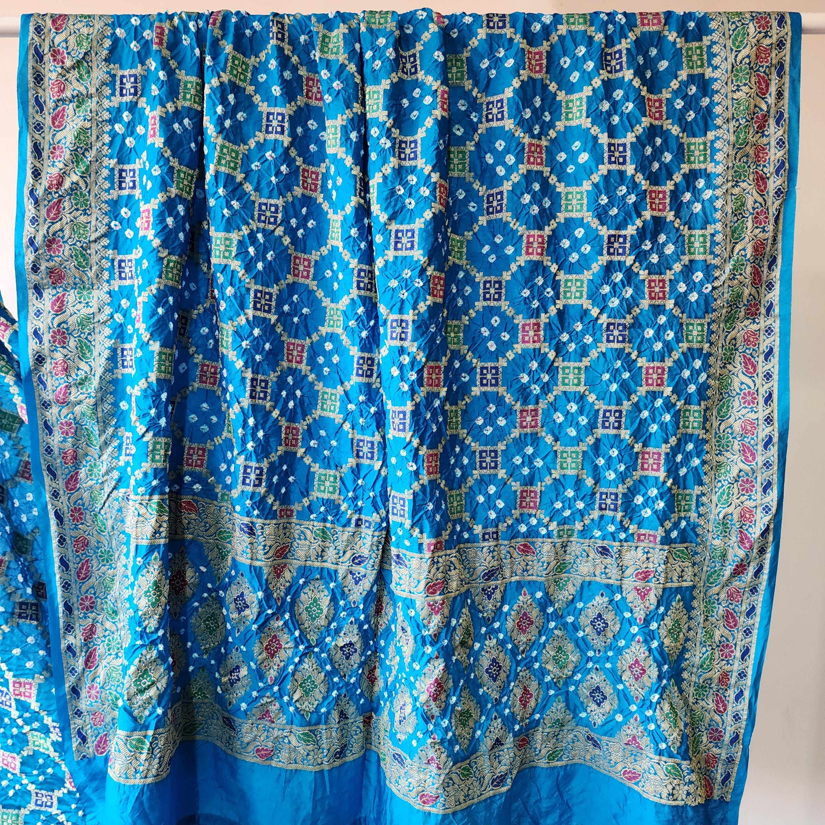 Sky Blue Bandhni Dupatta with Golden Border & Banarasi Meenakari Weave