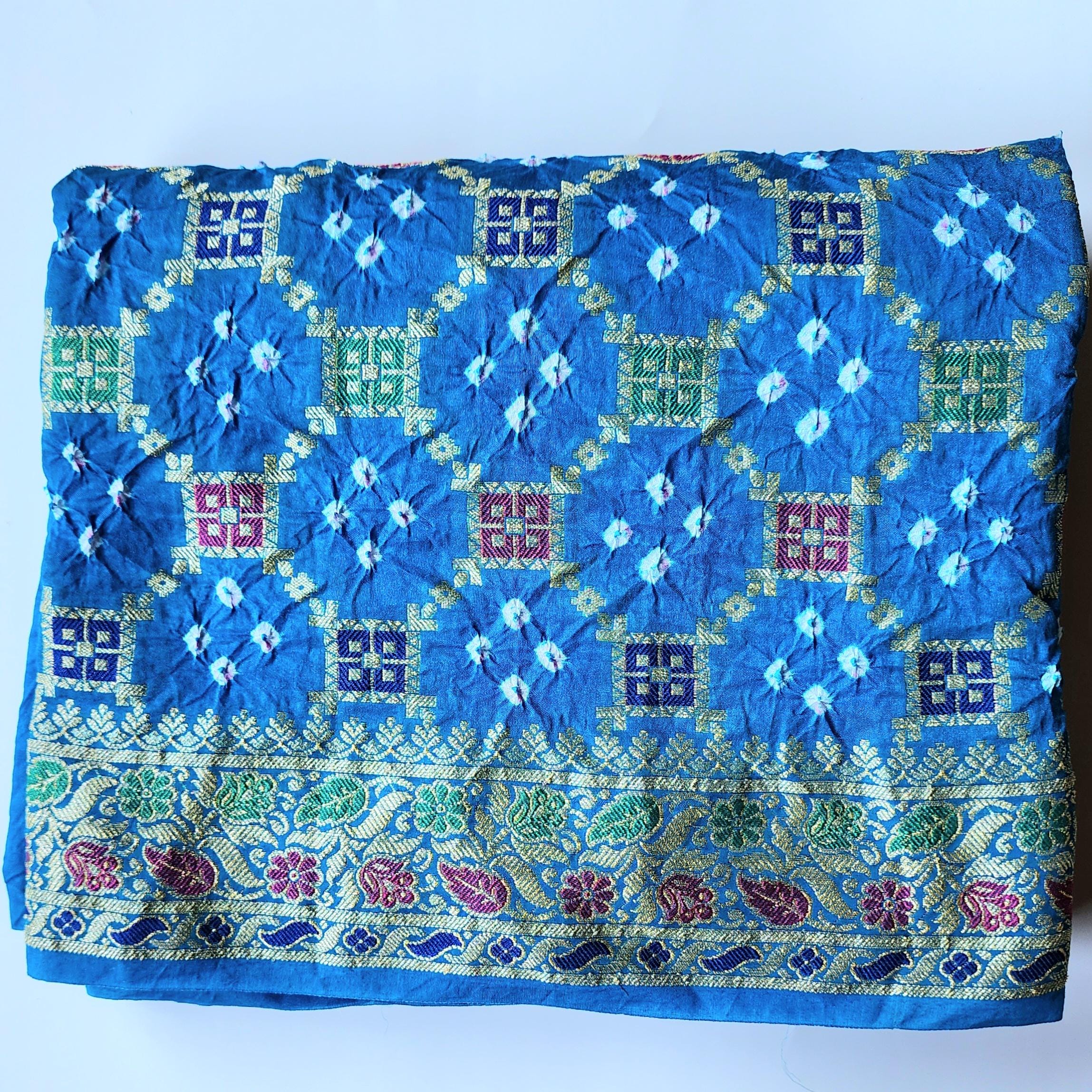 Sky Blue Bandhni Dupatta with Golden Border & Banarasi Meenakari Weave