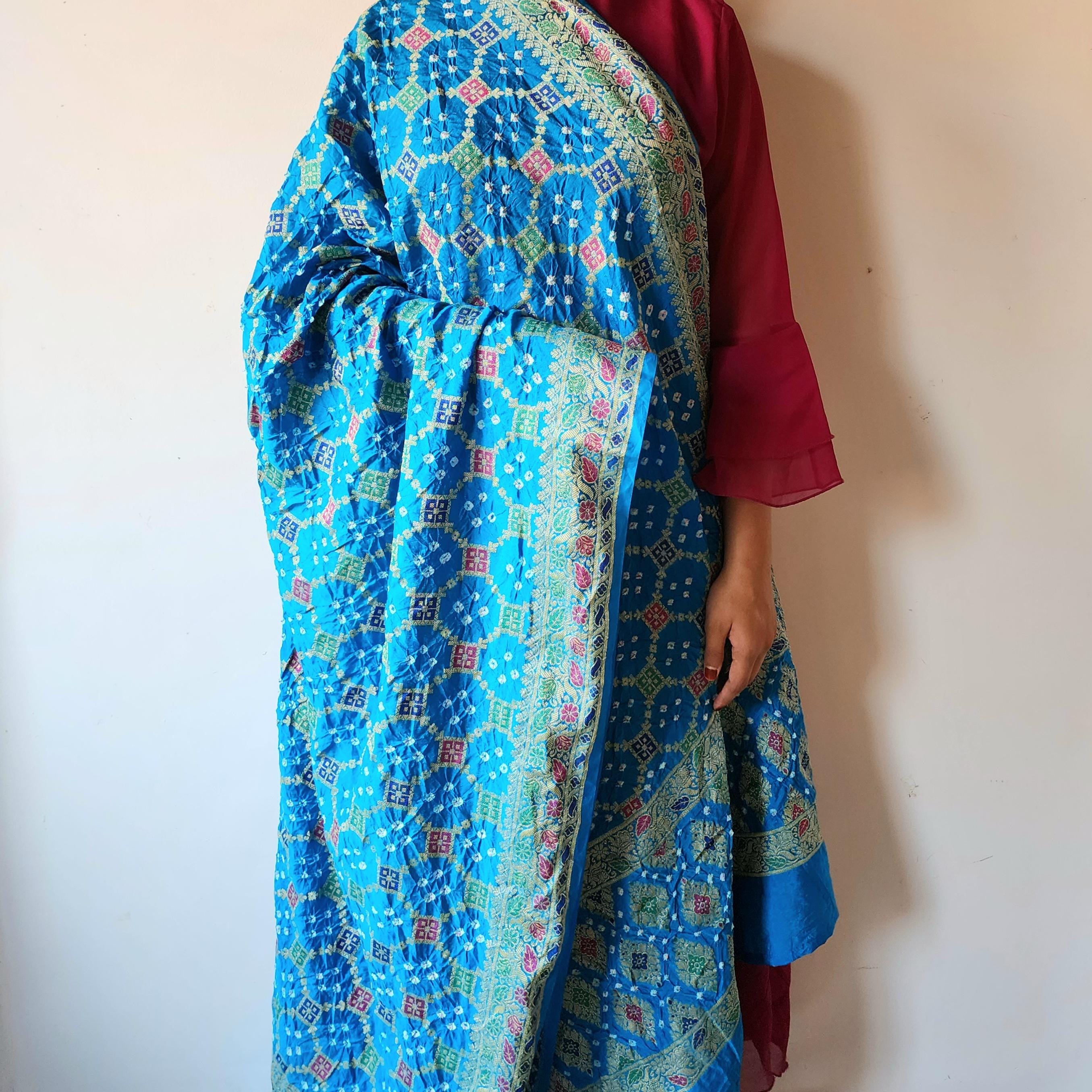 Sky Blue Bandhni Dupatta with Golden Border & Banarasi Meenakari Weave