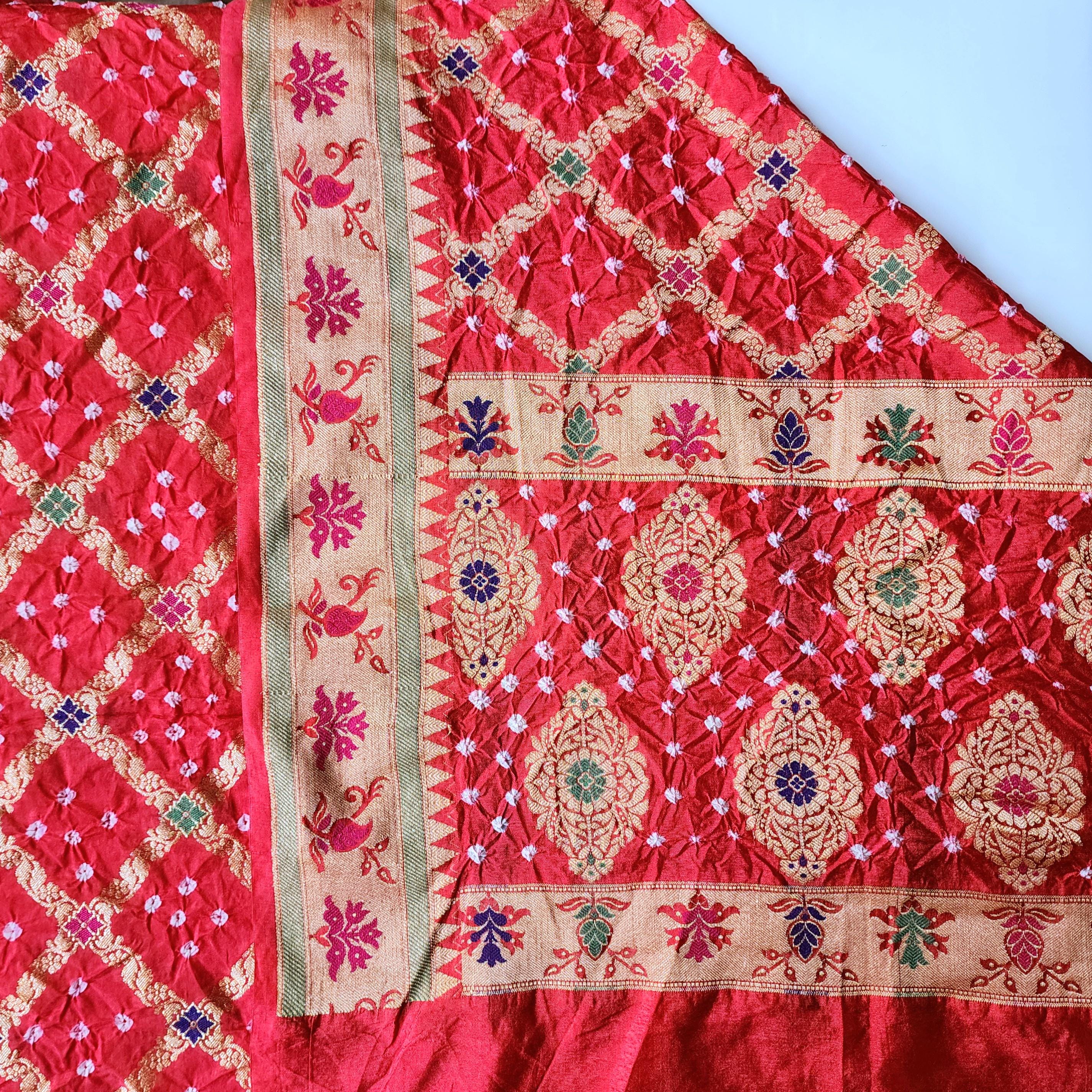 Tomato Red Bandhni Dupatta with Golden Border & Banarasi Meenakari Work