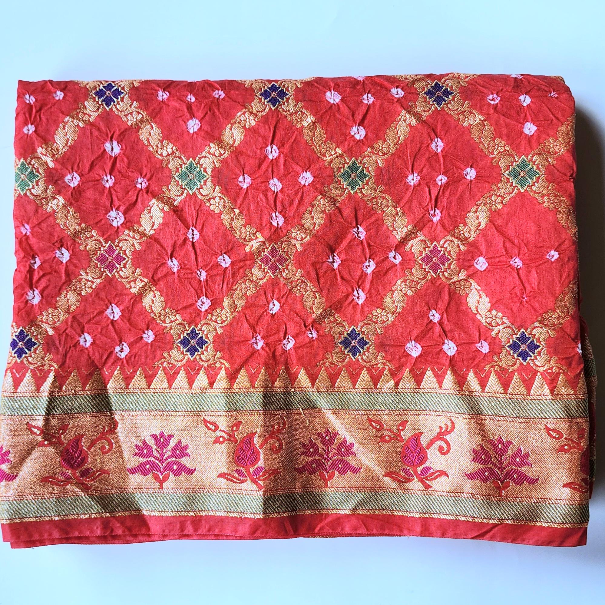 Tomato Red Bandhni Dupatta with Golden Border & Banarasi Meenakari Work