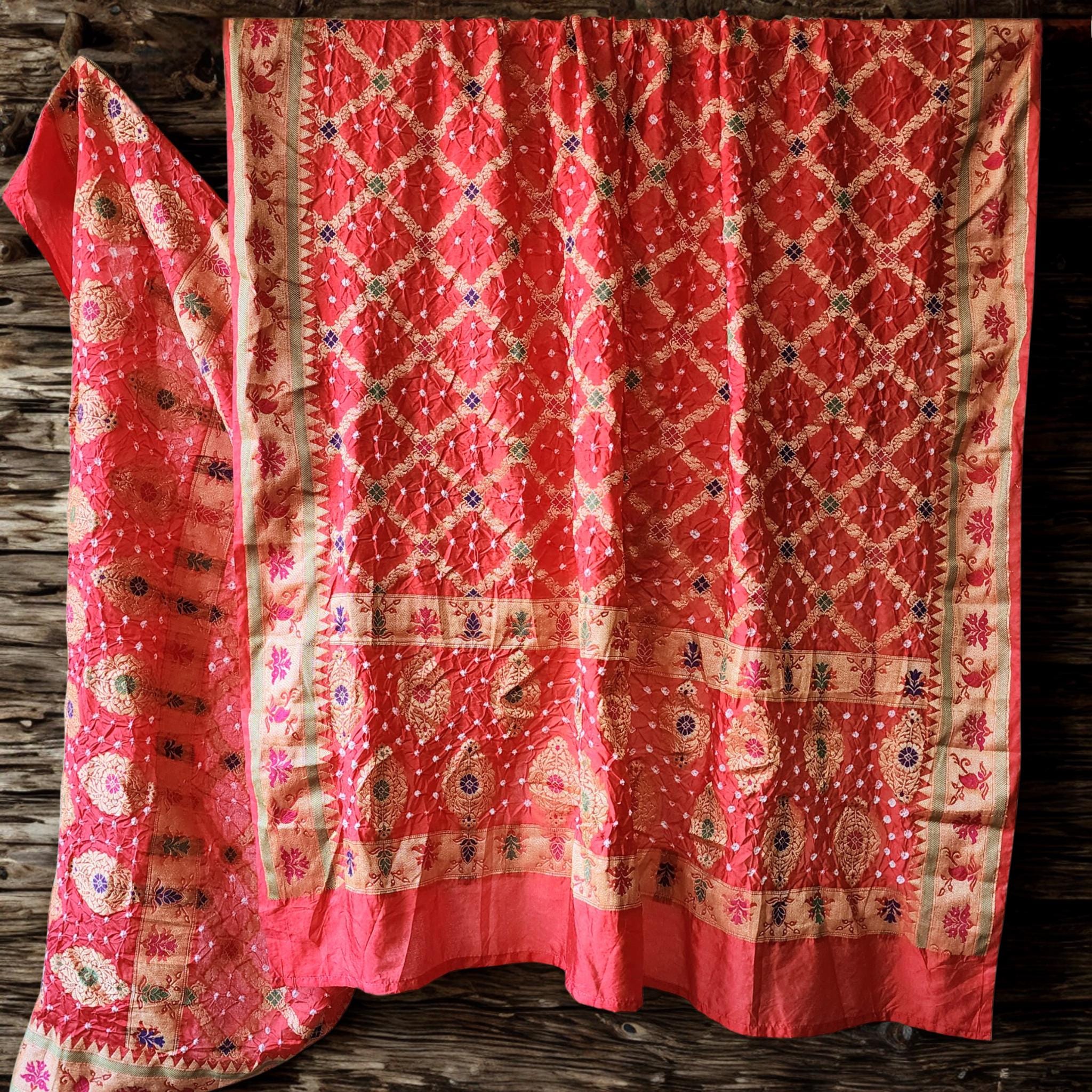 Tomato Red Bandhni Dupatta with Golden Border & Banarasi Meenakari Work