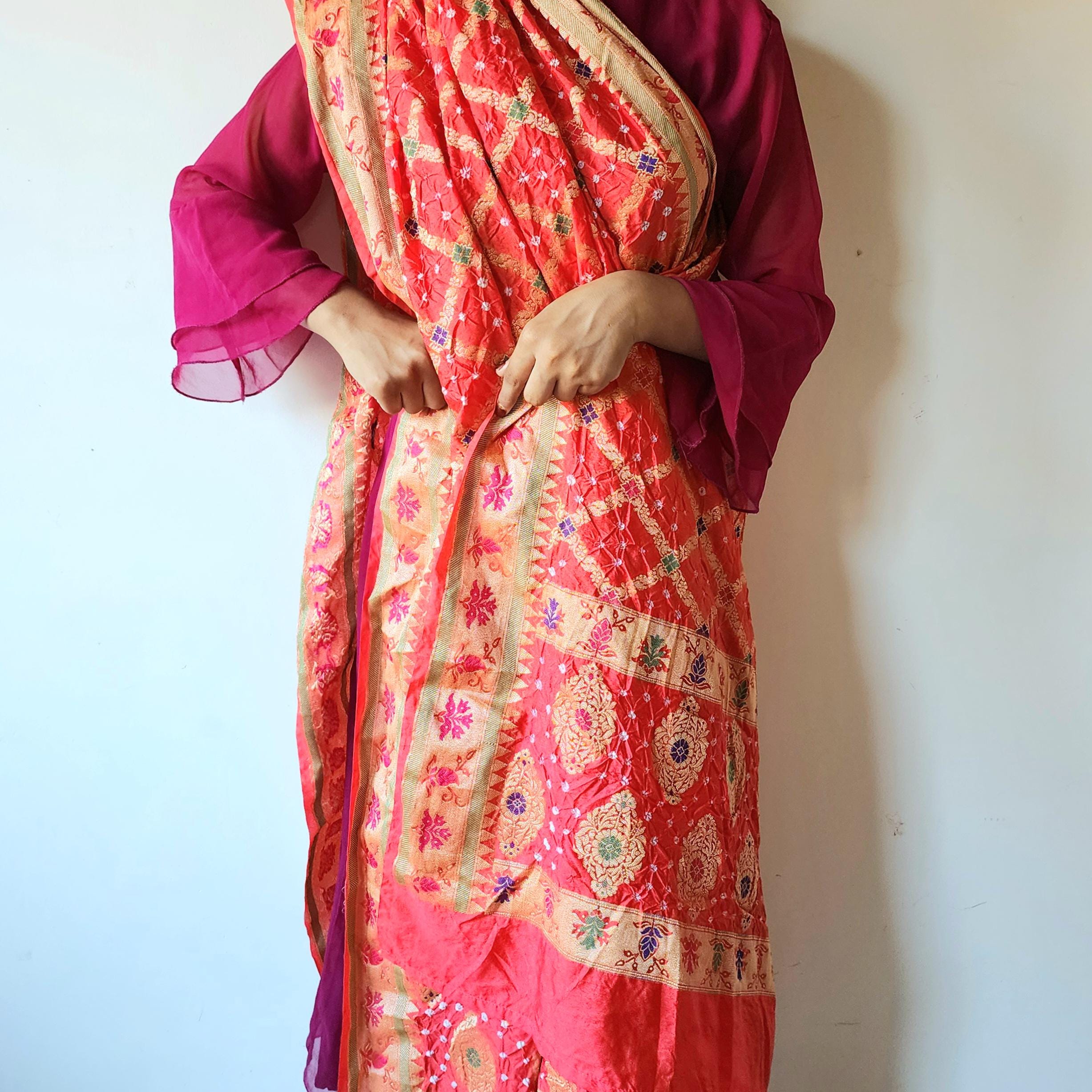 Tomato Red Bandhni Dupatta with Golden Border & Banarasi Meenakari Work