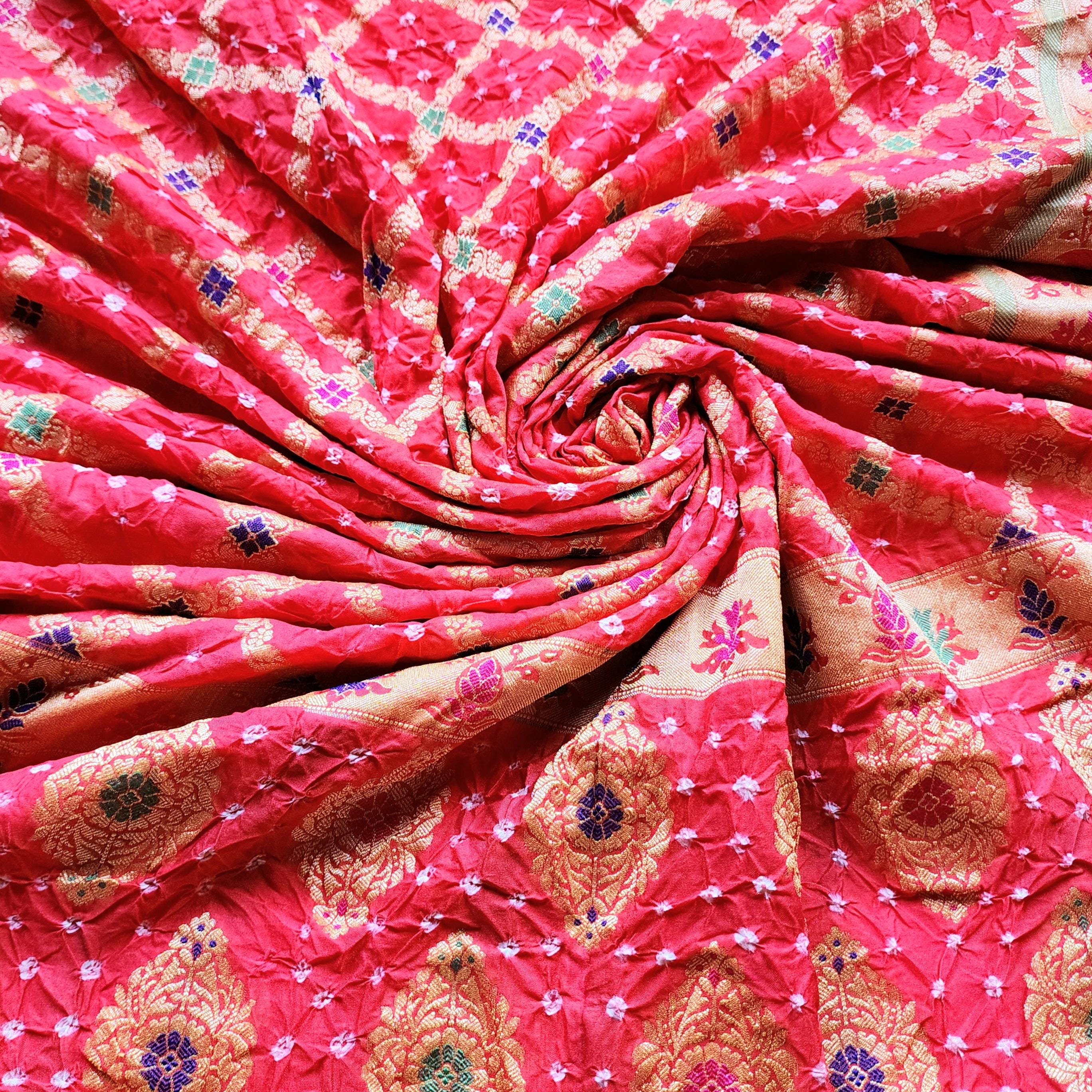 Tomato Red Bandhni Dupatta with Golden Border & Banarasi Meenakari Work