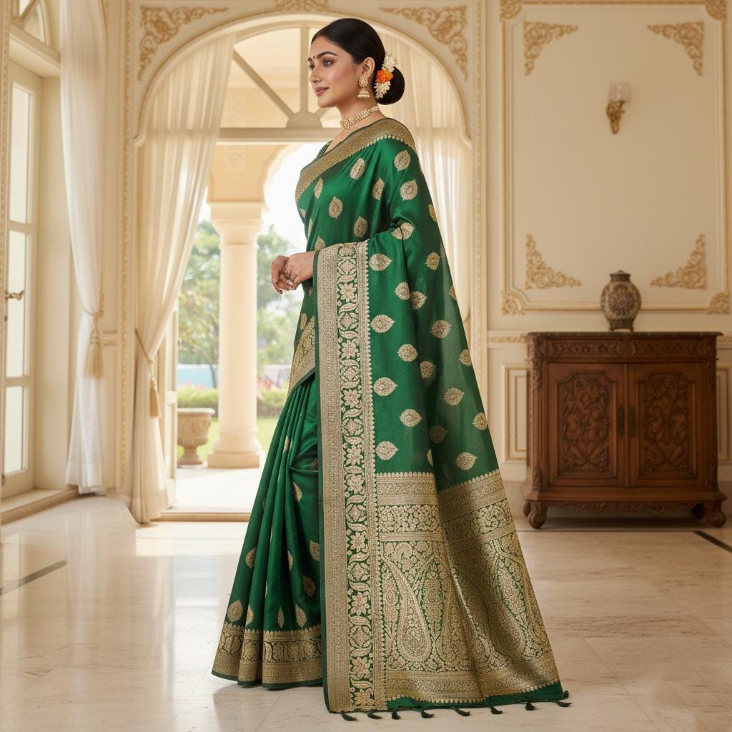 Royal Emerald Green, Pure Banarasi Katan Silk Saree with Rich Gold & Silver Zari Weaving
