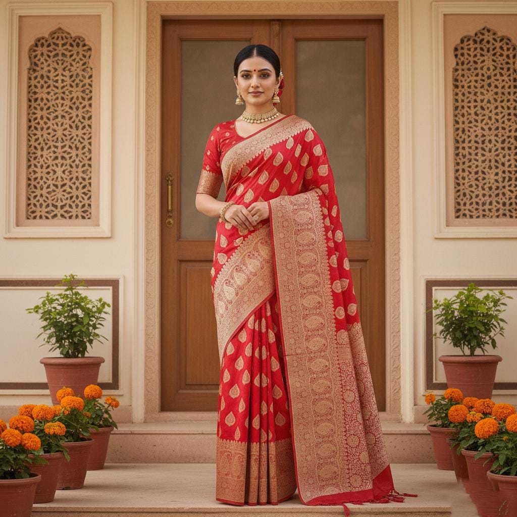 Coral Red, Pure Banarasi Katan Silk Saree with Rich Zari Weaving