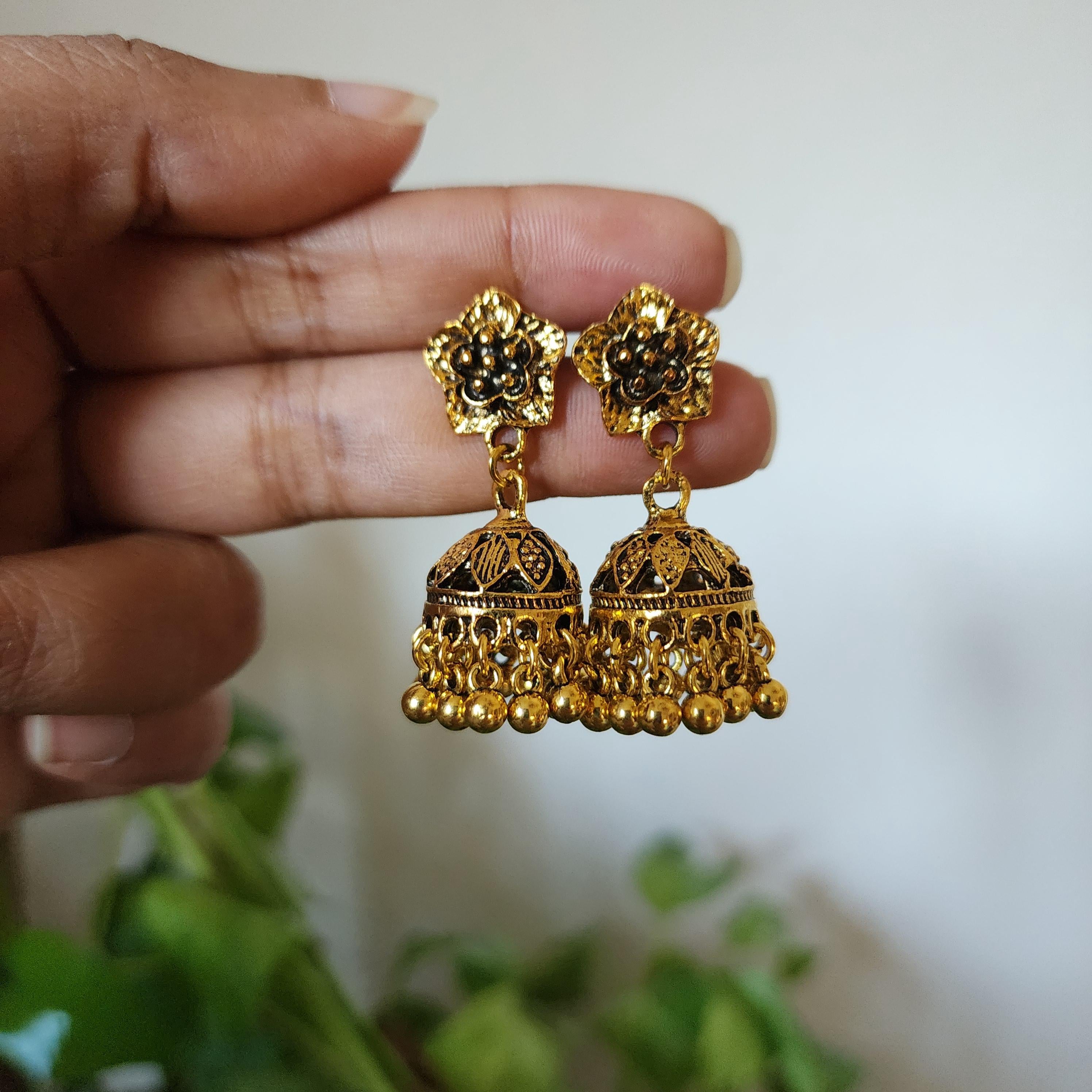 Gold Floral Jhumka Earrings Traditional Indian Dangle Jewelry