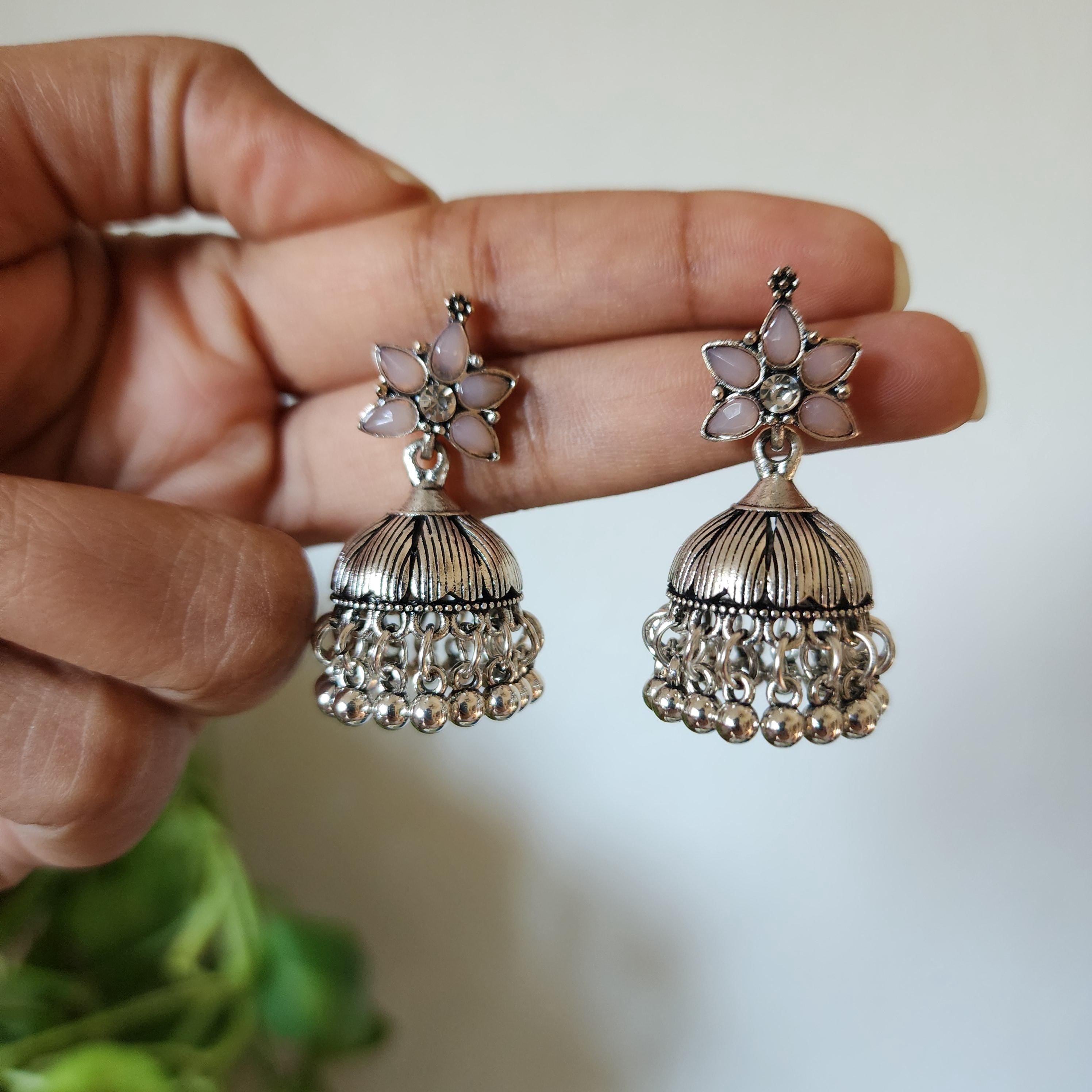 Silver Floral Jhumka Earrings Oxidized Indian Festive Jewelry