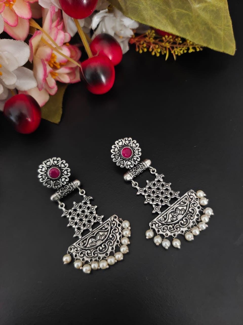 Classic Oxidized Silver Kaneez Earrings in Red with Detailed Craftsmanship and Pearl Jhumka Accents
