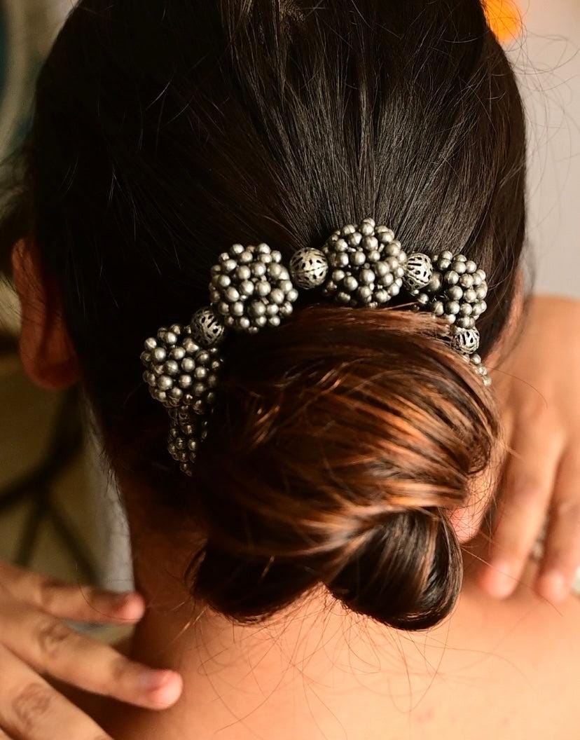 Handcrafted Oxidized Silver Gajra Bracelet with Floral Elements and Jhumka Charm for Ethnic Outfits