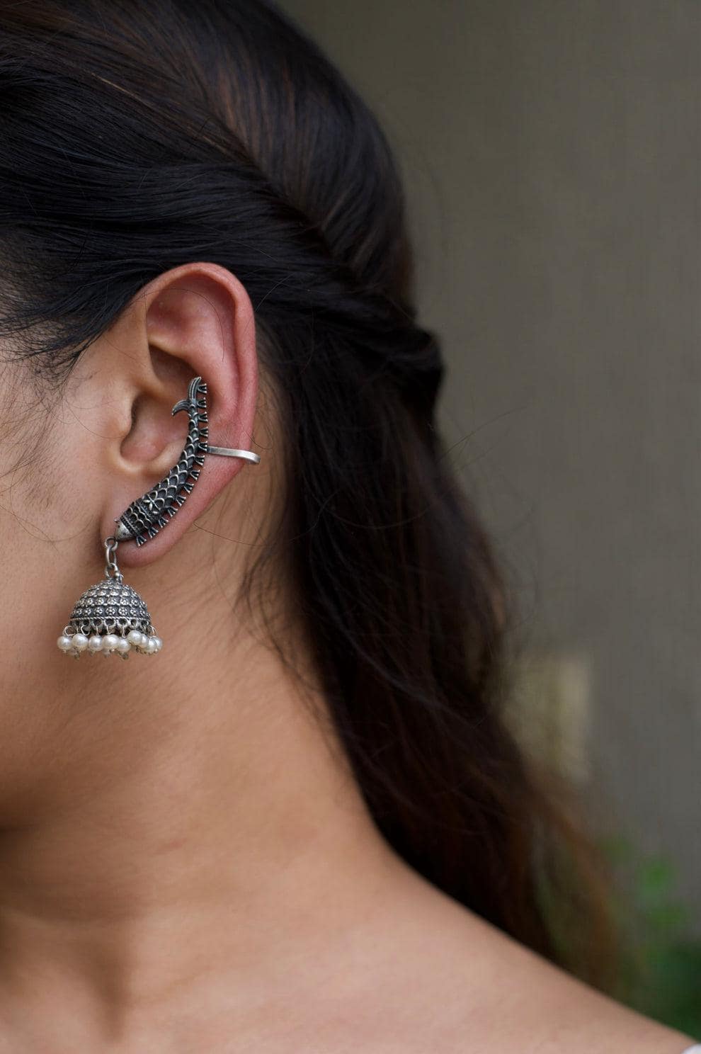 Premium Oxidized Silver Bugadi Ear Cuffs with Carved Jhumkas for Daily, Festive, and Cultural Outfits