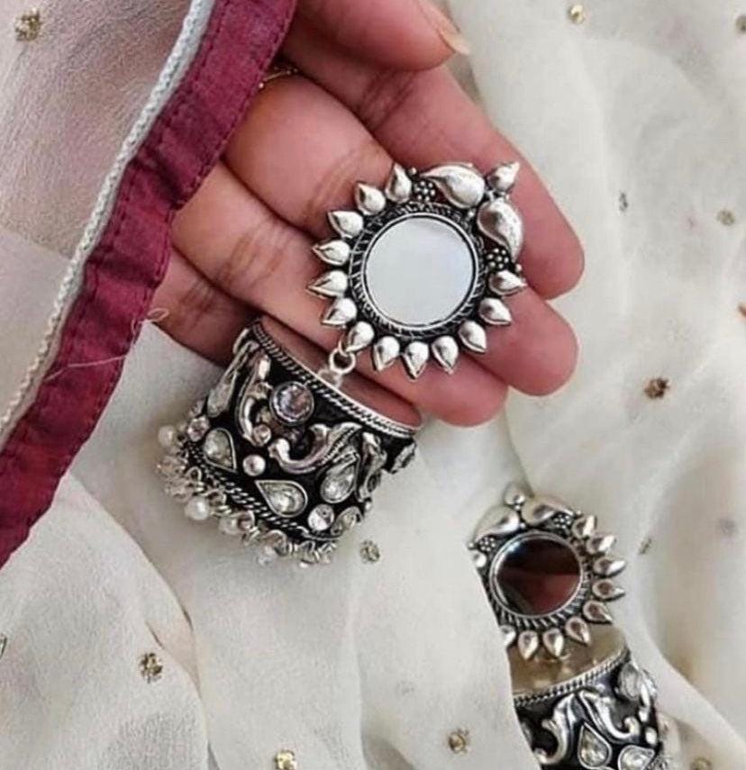 Trendy Oxidized Silver Mirror Jhumkas with Reflective Mirror Center and Pearl Accents for Stylish Looks