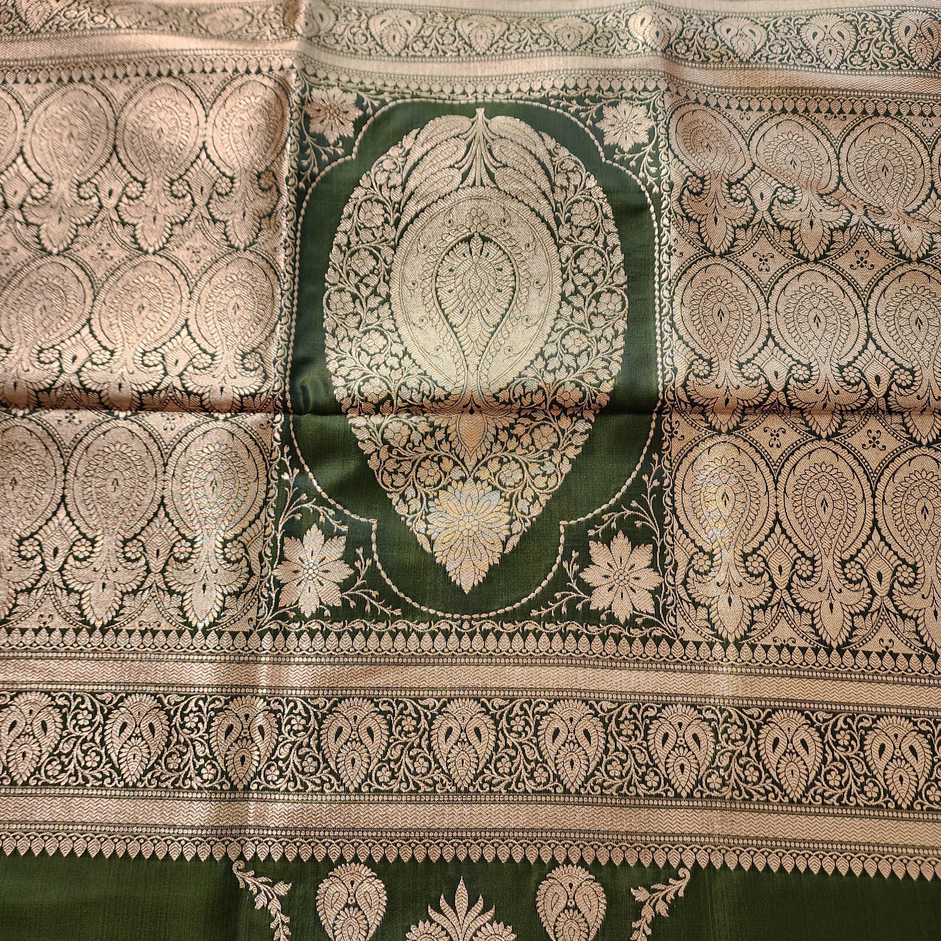 Rich Mehendi Green Pure Banarasi Katan Silk Saree with light Gold Zari Weaving