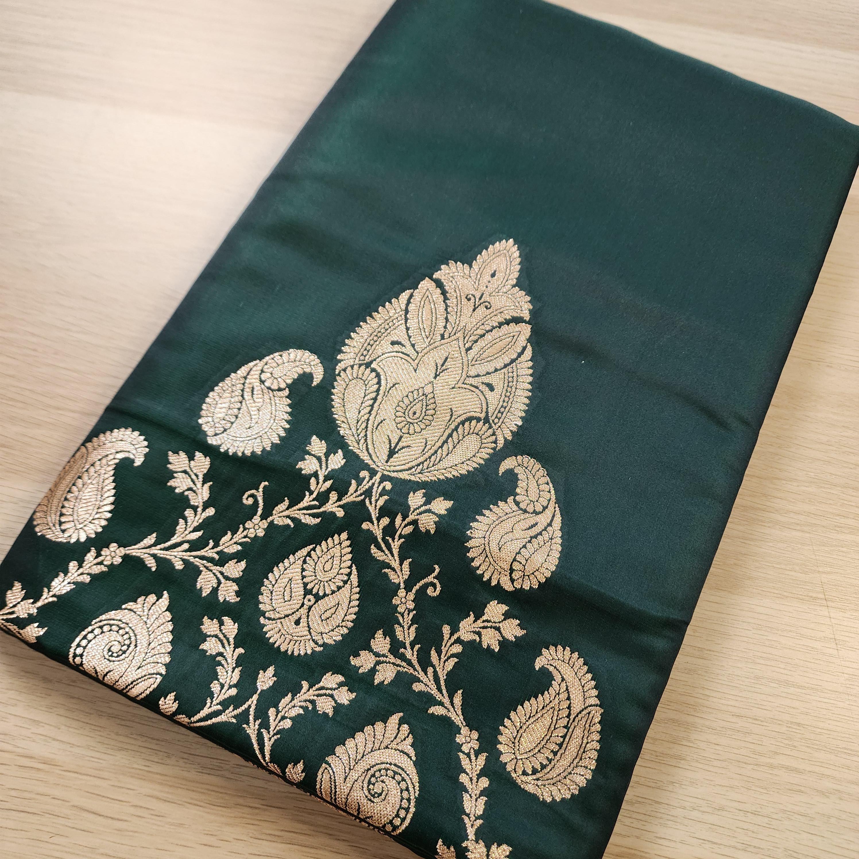 Rich Bottle Green Pure Banarasi Katan Silk Saree with light Gold Zari Weaving