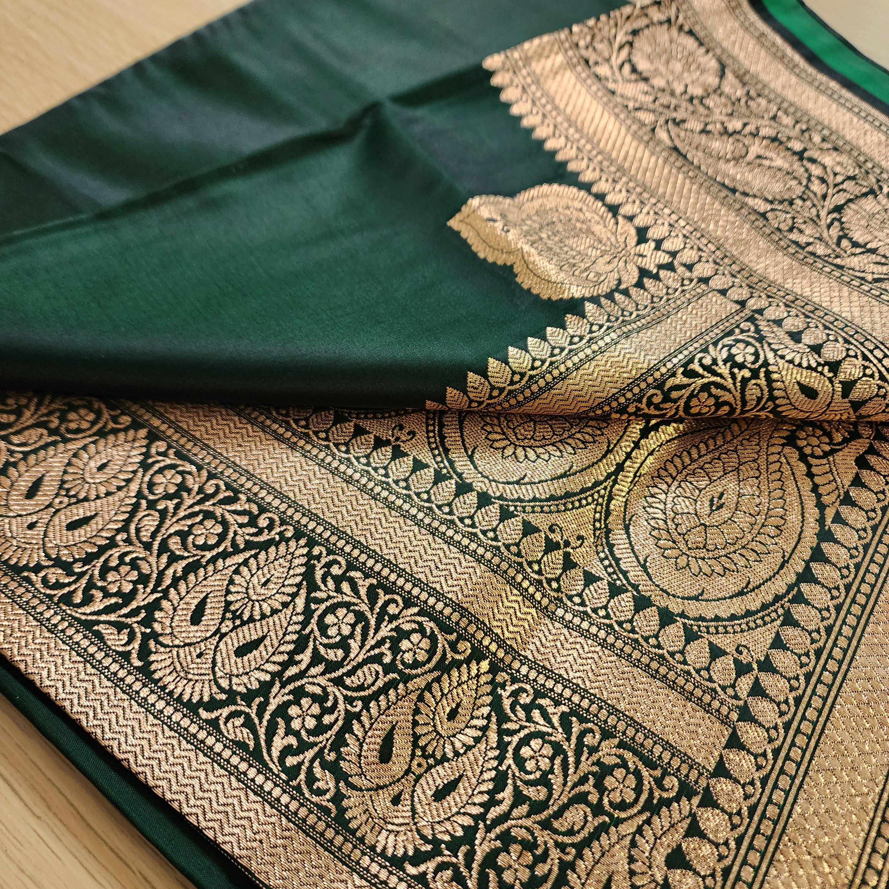 Rich Bottle Green Pure Banarasi Katan Silk Saree with light Gold Zari Weaving