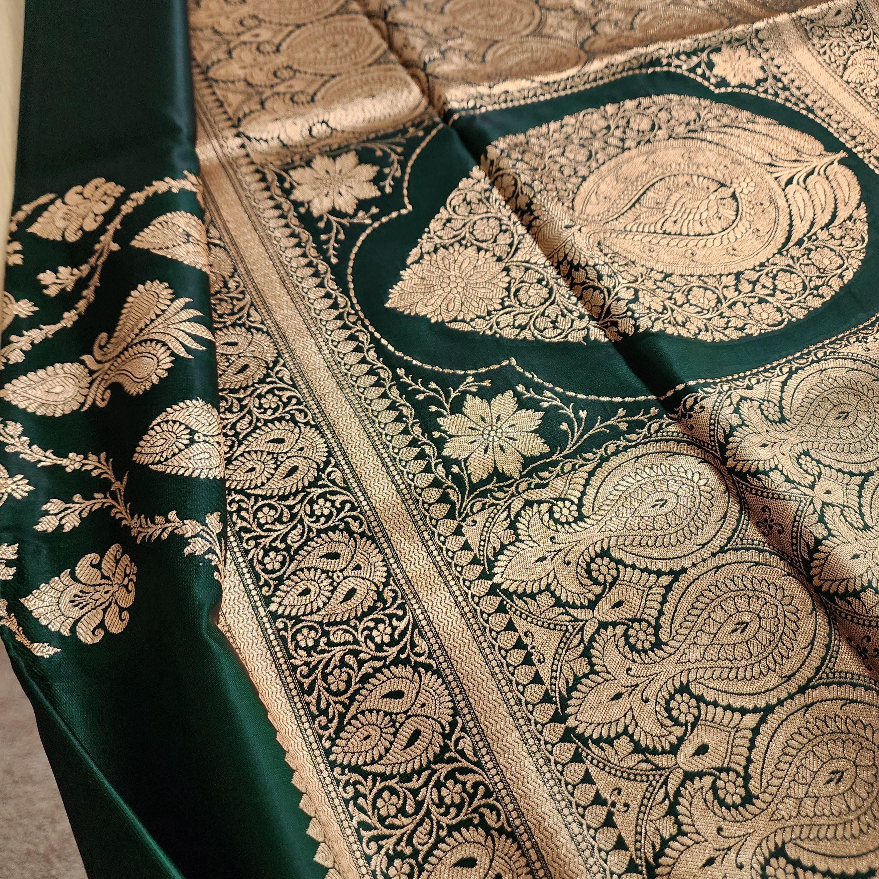 Rich Bottle Green Pure Banarasi Katan Silk Saree with light Gold Zari Weaving