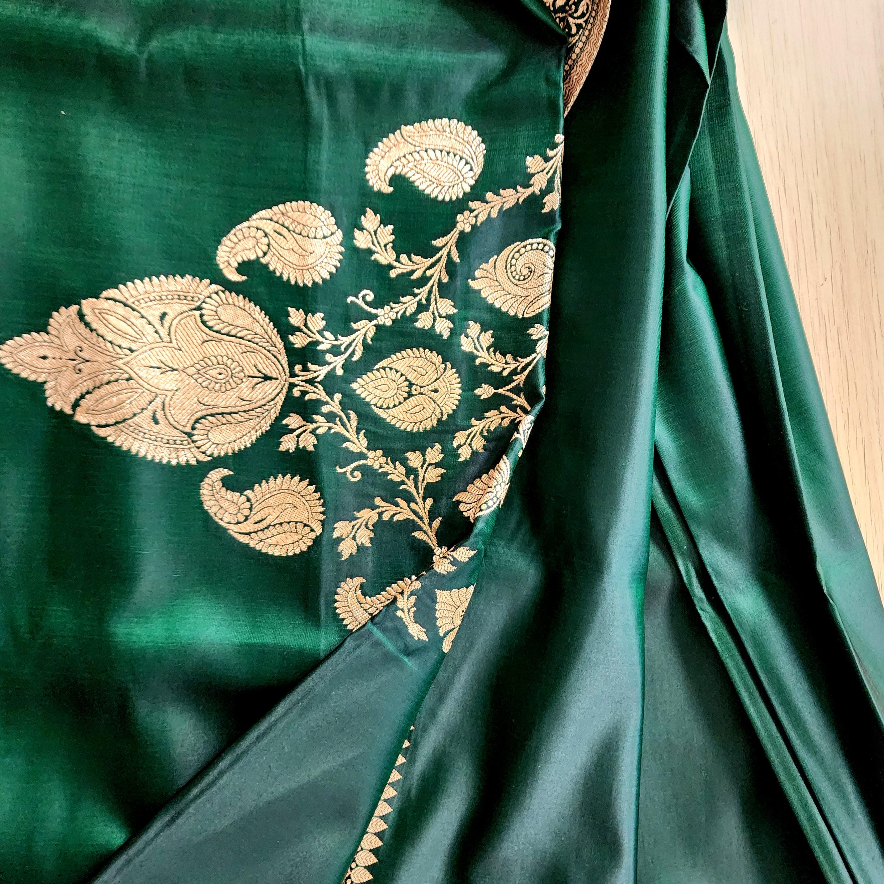 Rich Bottle Green Pure Banarasi Katan Silk Saree with light Gold Zari Weaving