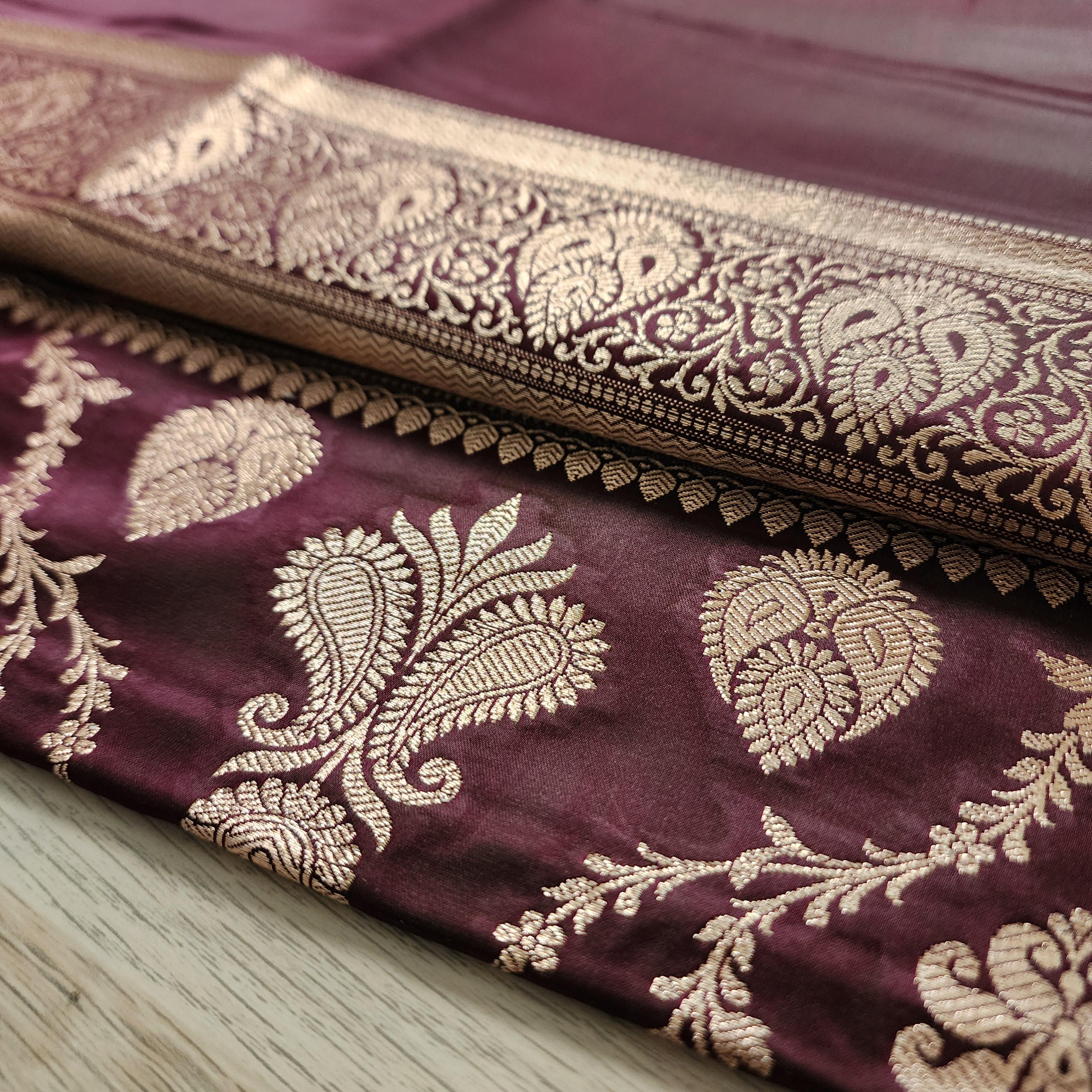 Rich Dark Maroon Pure Banarasi Katan Silk Saree with light Gold Zari Weaving