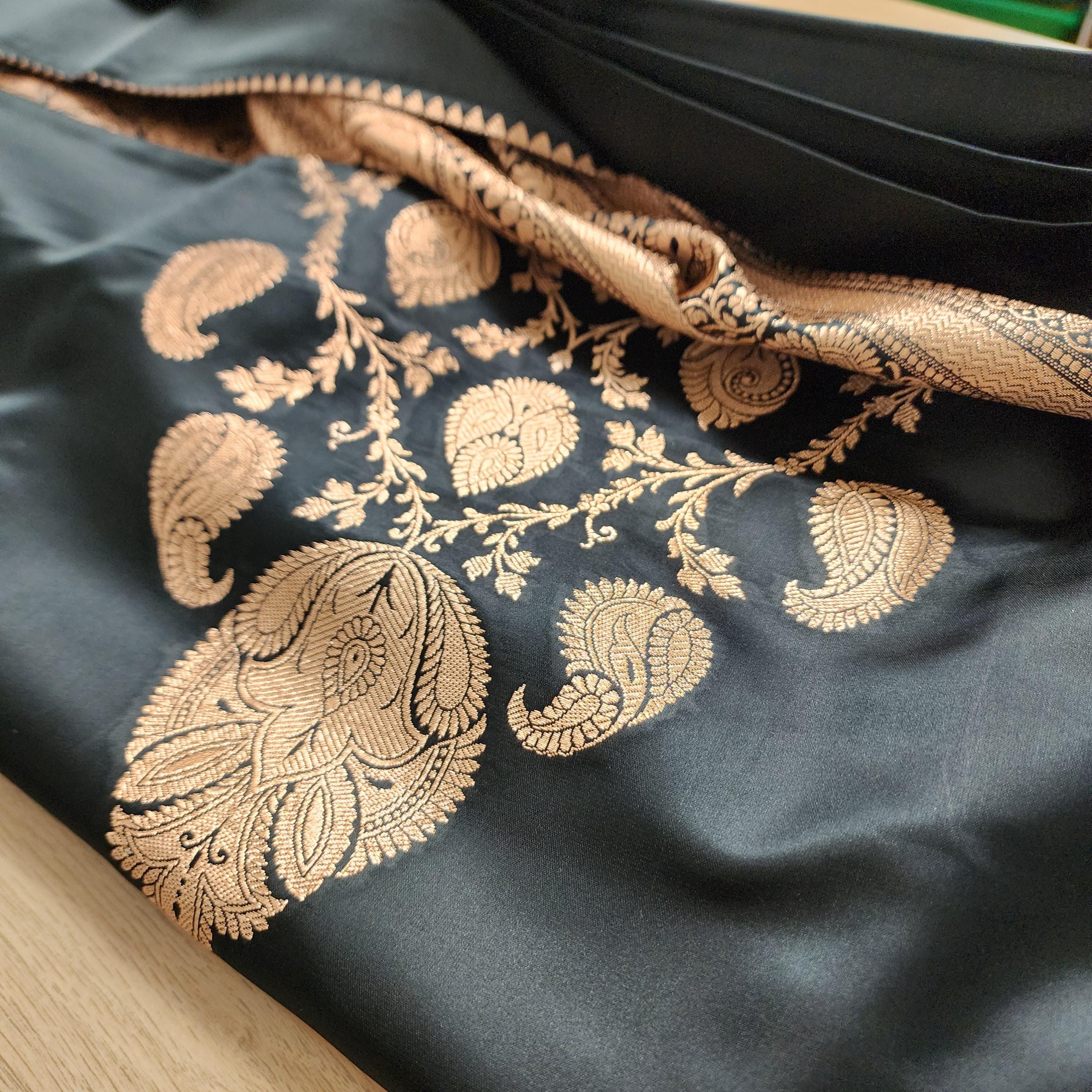 Rich Black Pure Banarasi Katan Silk Saree with light Gold Zari Weaving