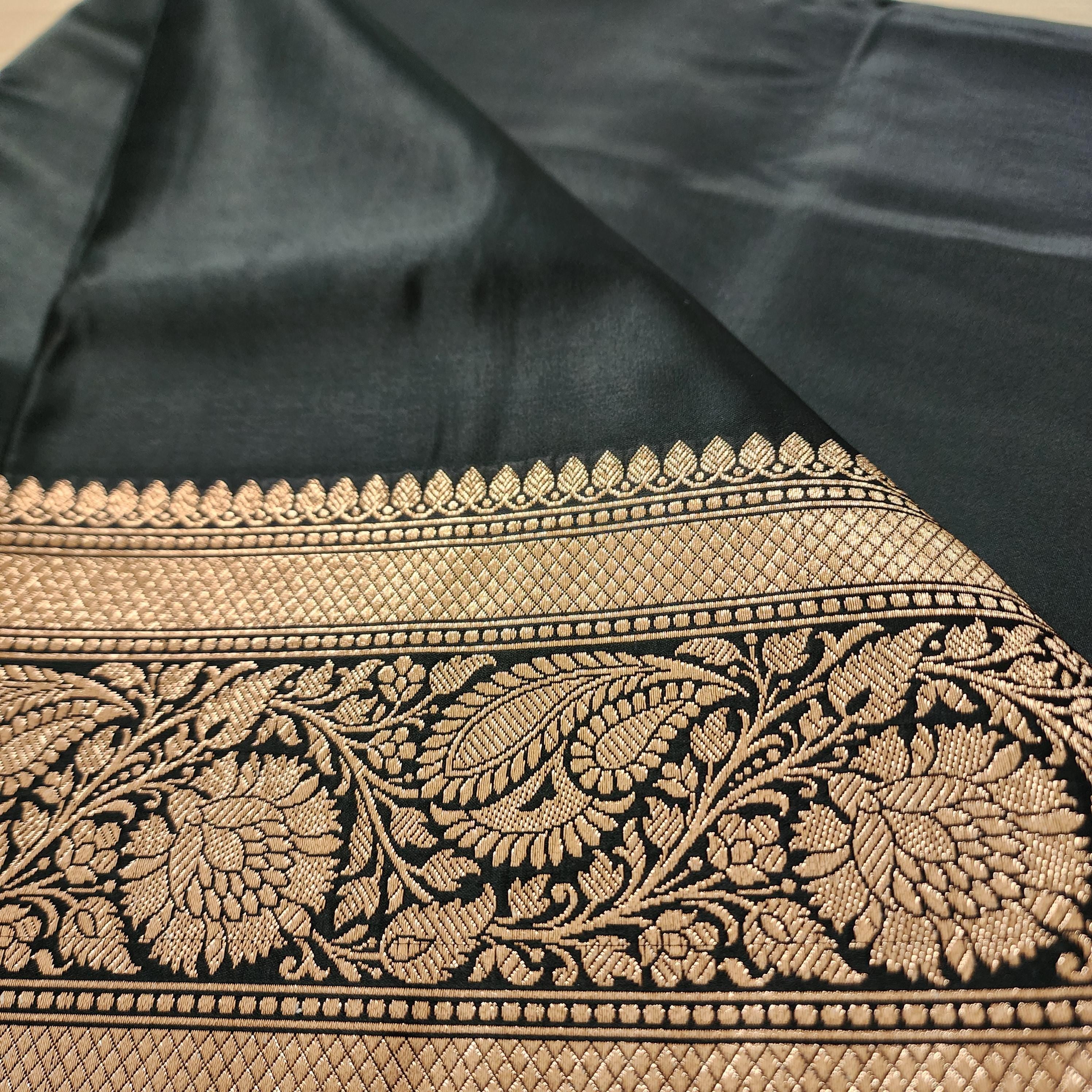Rich Black Pure Banarasi Katan Silk Saree with light Gold Zari Weaving