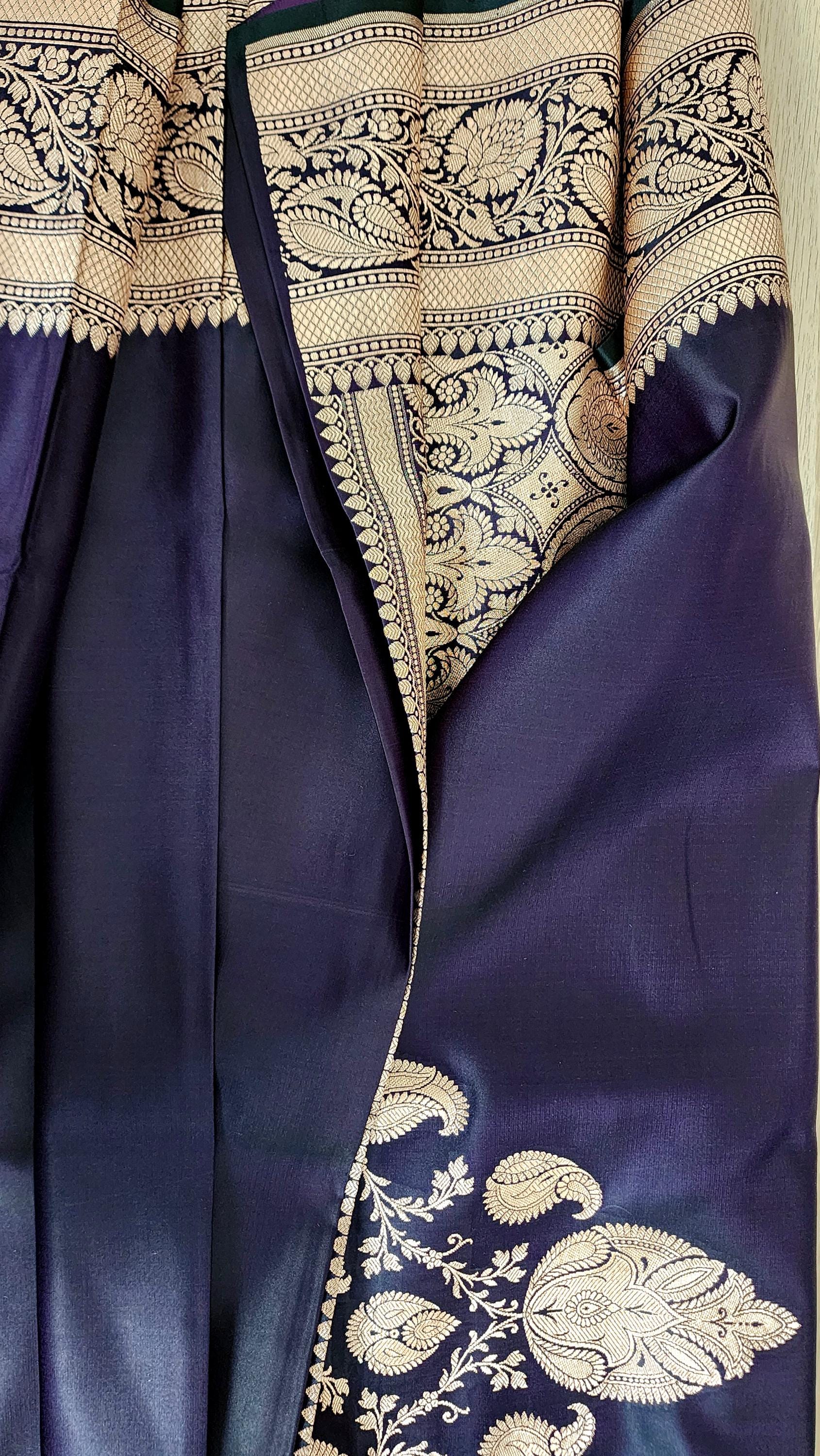 Rich Purple Pure Banarasi Katan Silk Saree with light Gold Zari Weaving