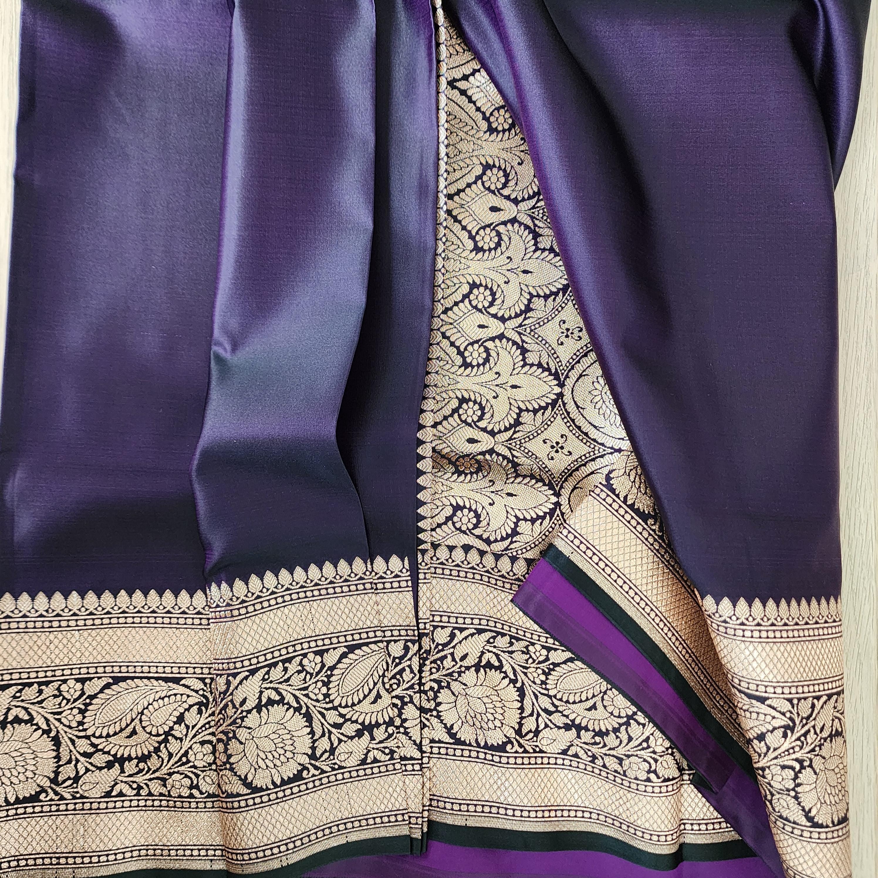 Rich Purple Pure Banarasi Katan Silk Saree with light Gold Zari Weaving