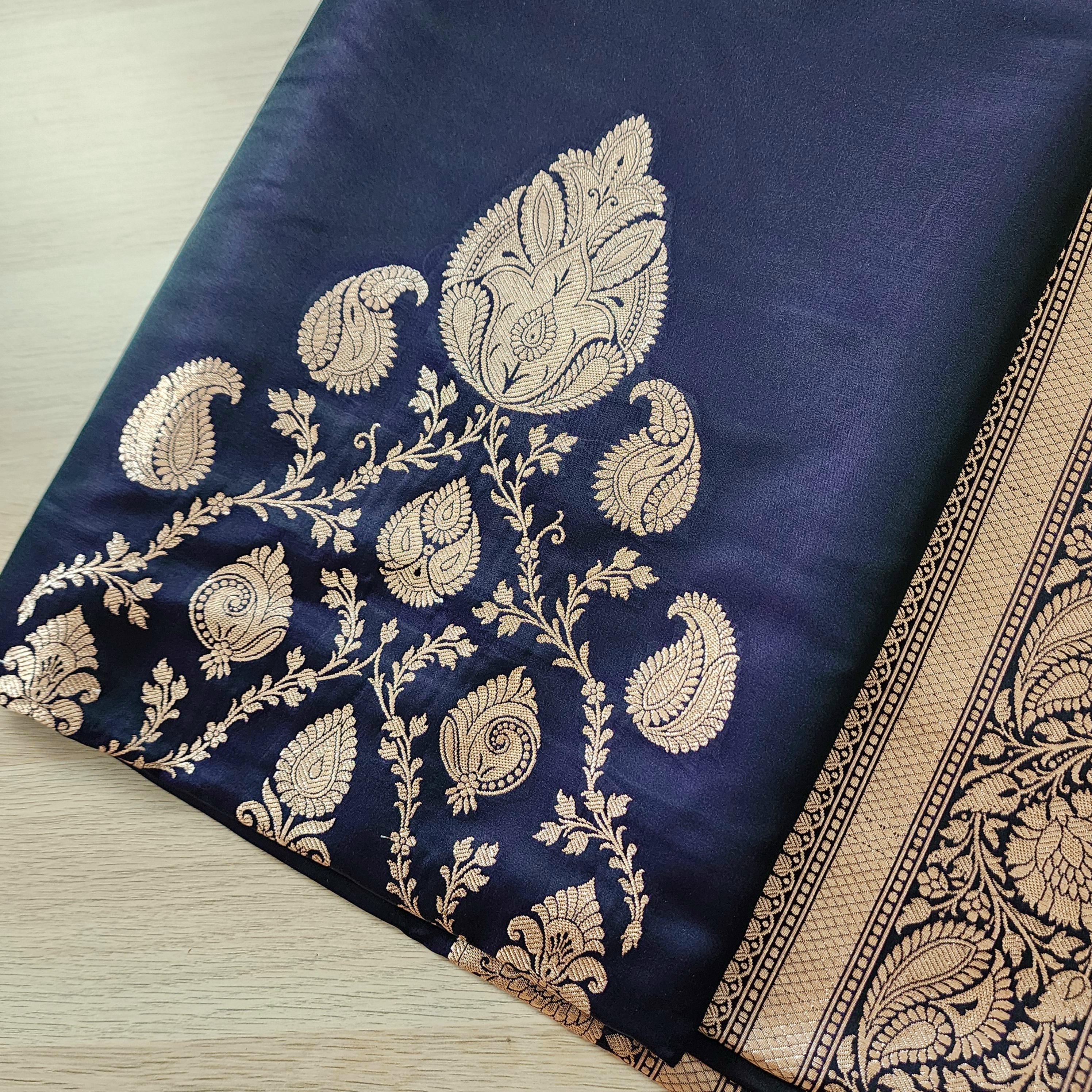 Rich Purple Pure Banarasi Katan Silk Saree with light Gold Zari Weaving