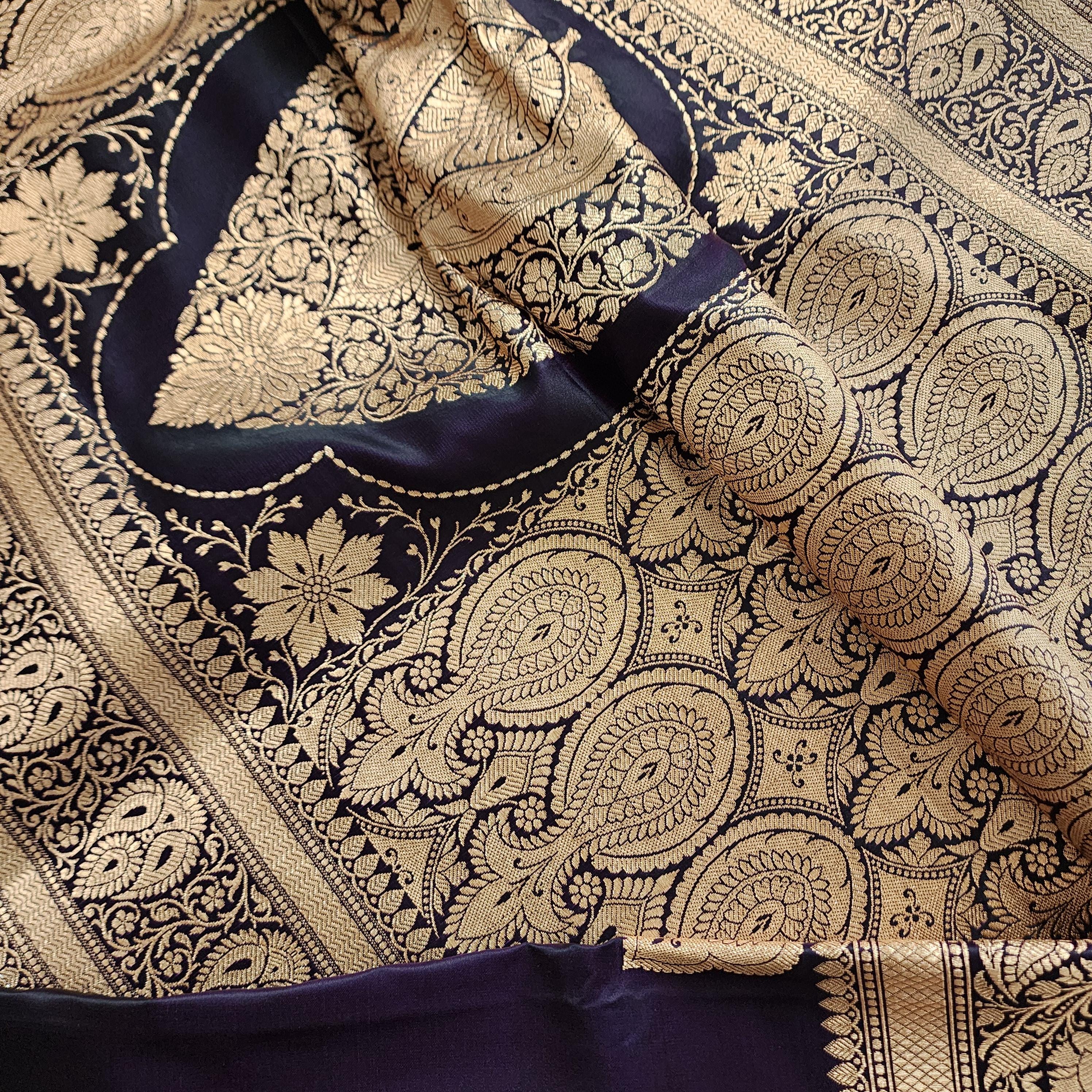 Rich Purple Pure Banarasi Katan Silk Saree with light Gold Zari Weaving