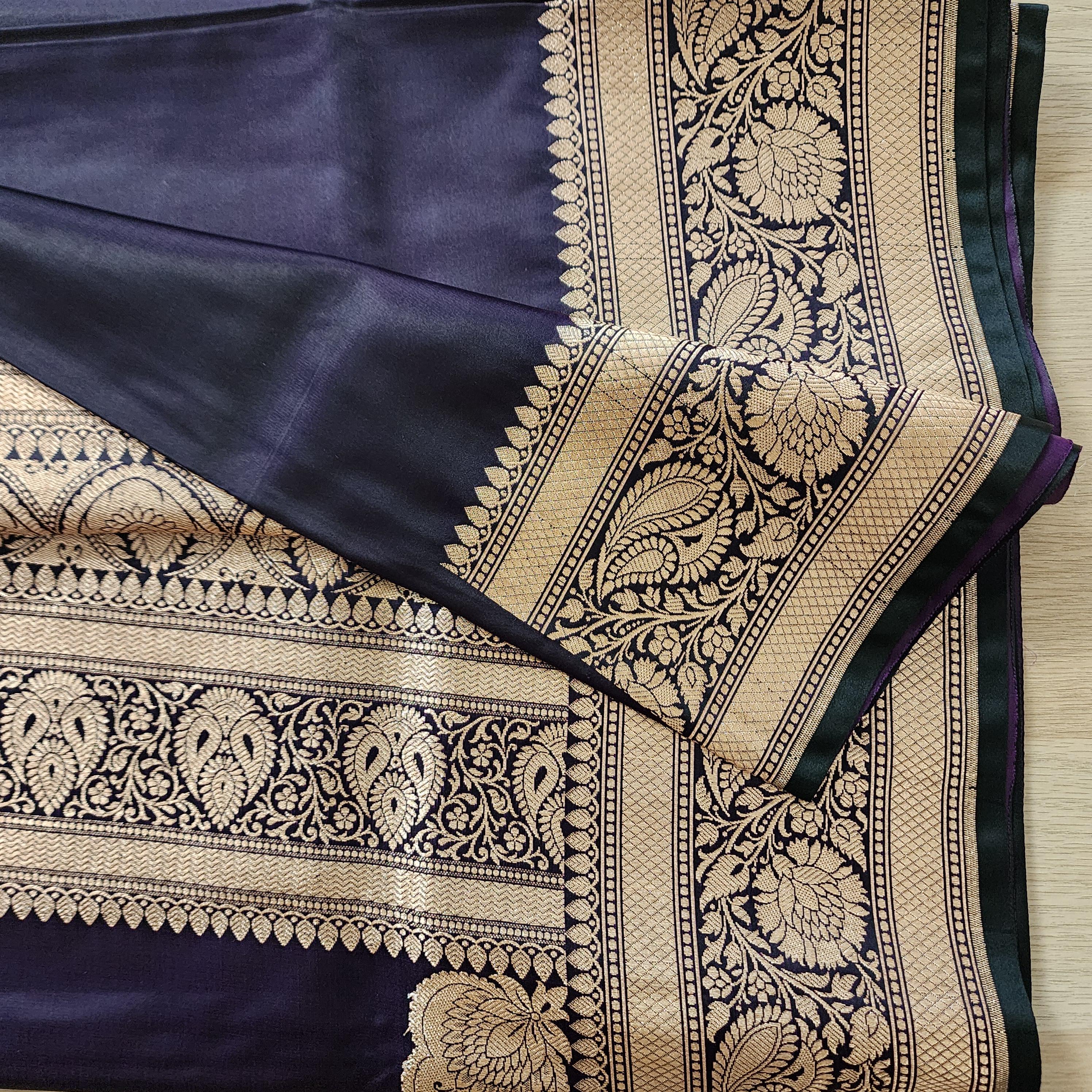 Rich Purple Pure Banarasi Katan Silk Saree with light Gold Zari Weaving