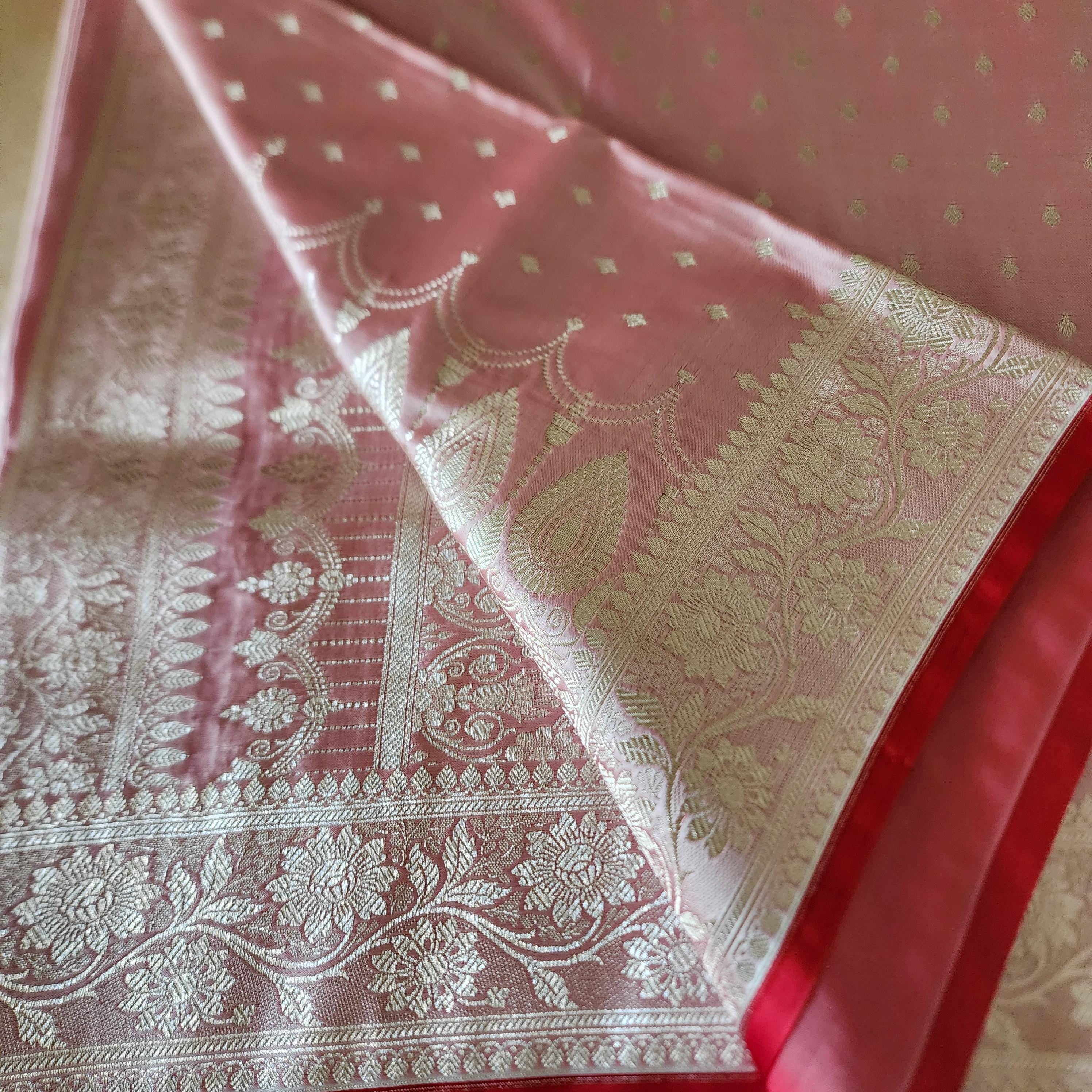 Luxury Red Banarasi Katan Silk Saree | Light Gold Zari weaving