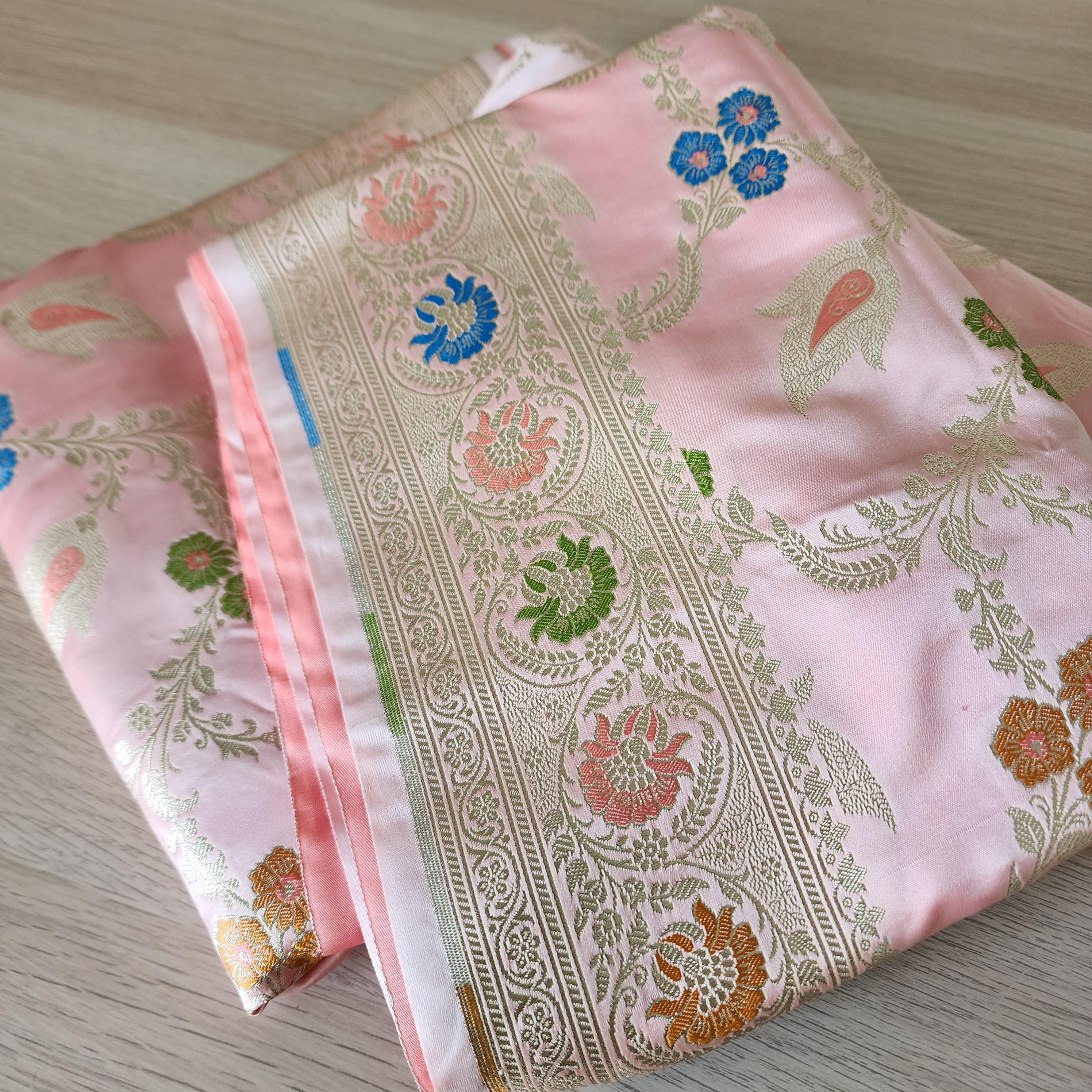 Royal Banarasi Katan Silk Saree | Blush Pink Multicolor Meenakari Floral Jaal