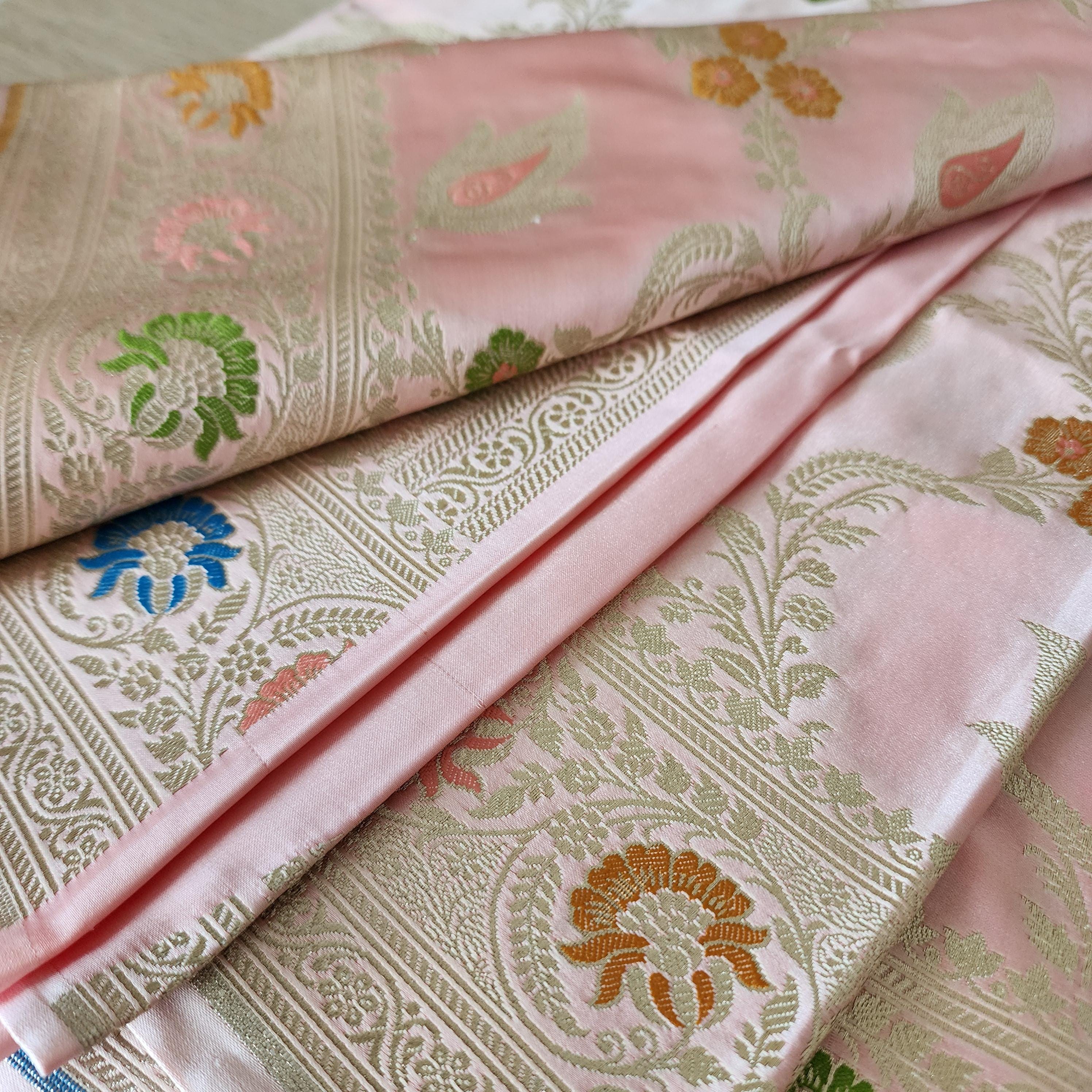 Enriched Blush Pink Banarasi Katan Silk Saree with Multicolor Meenakari Floral Jaal