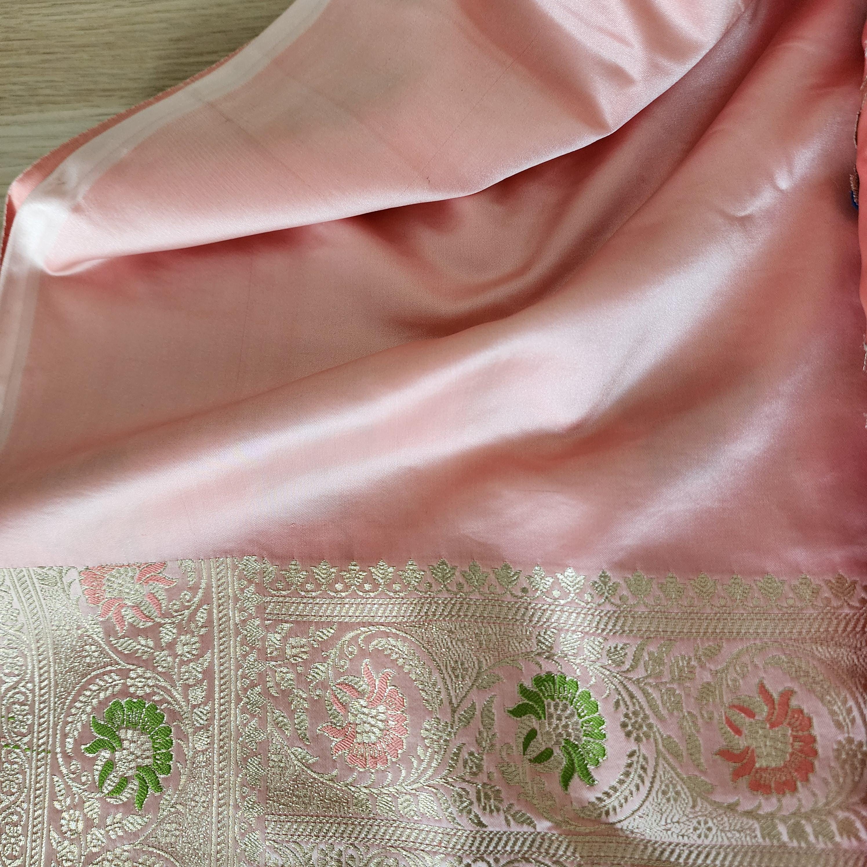 Enriched Blush Pink Banarasi Katan Silk Saree with Multicolor Meenakari Floral Jaal