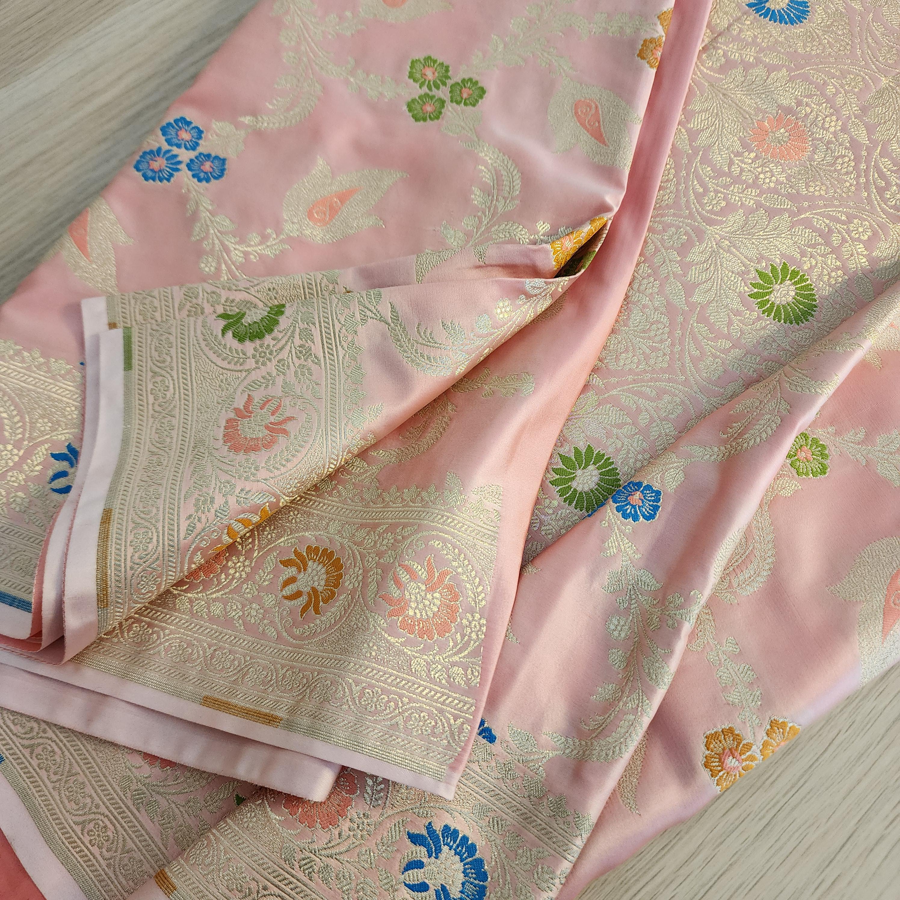 Enriched Blush Pink Banarasi Katan Silk Saree with Multicolor Meenakari Floral Jaal