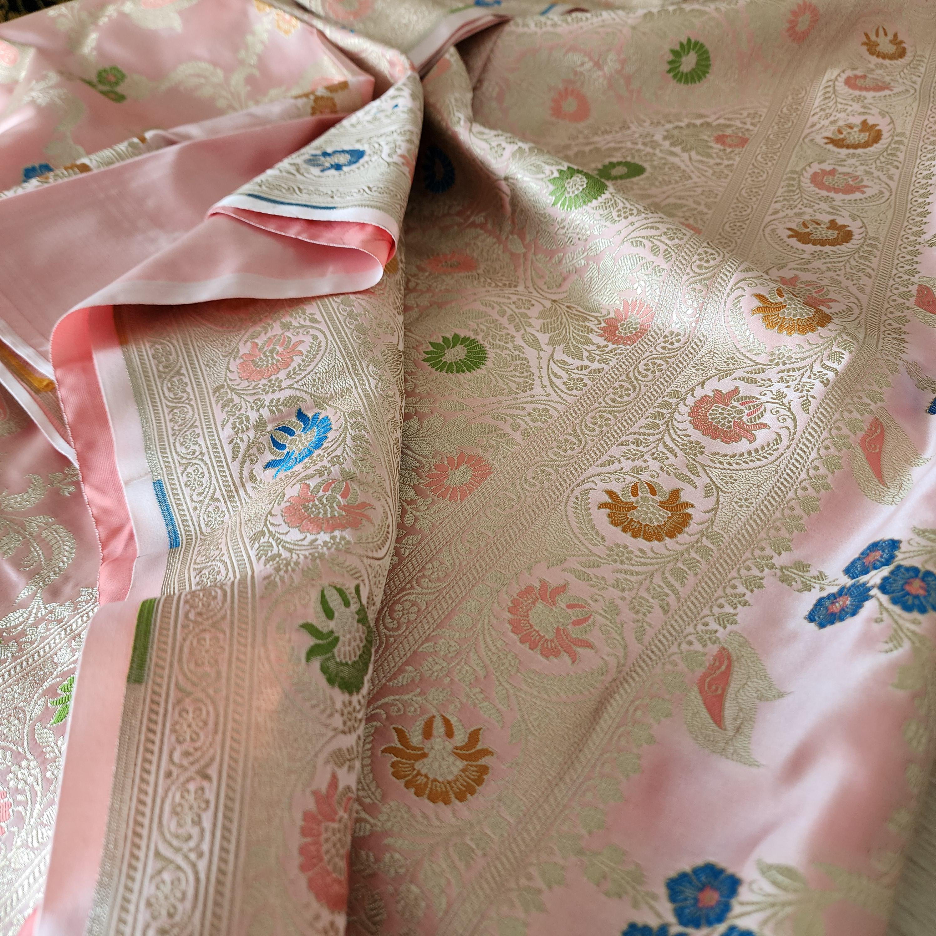 Royal Banarasi Katan Silk Saree | Blush Pink Multicolor Meenakari Floral Jaal