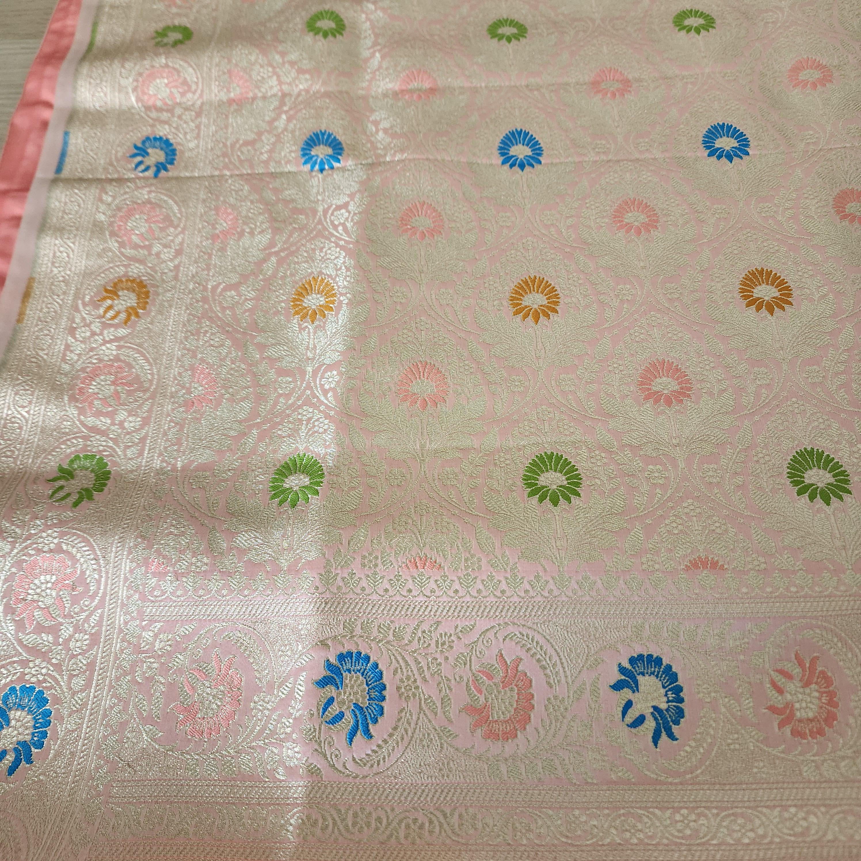 Enriched Blush Pink Banarasi Katan Silk Saree with Multicolor Meenakari Floral Jaal