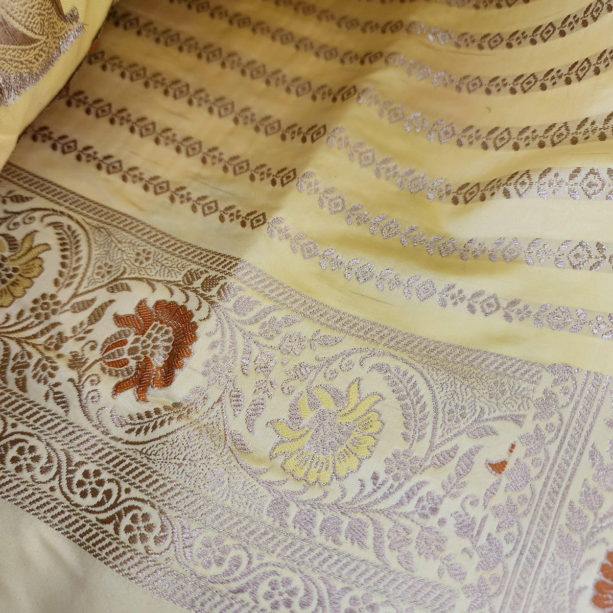 Enriched Butter Yellow Banarasi Katan Silk Saree with Multicolor Meenakari Floral Jaal