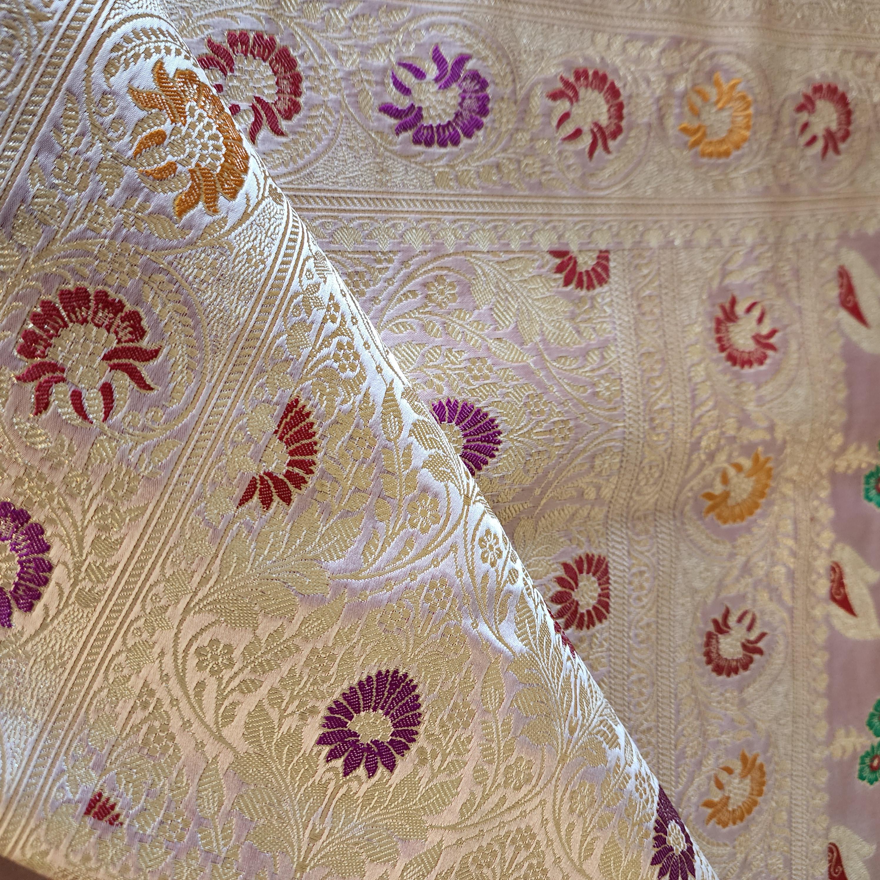 Enriched Lavender Pink Banarasi Katan Silk Saree with Multicolor Meenakari Floral Jaal