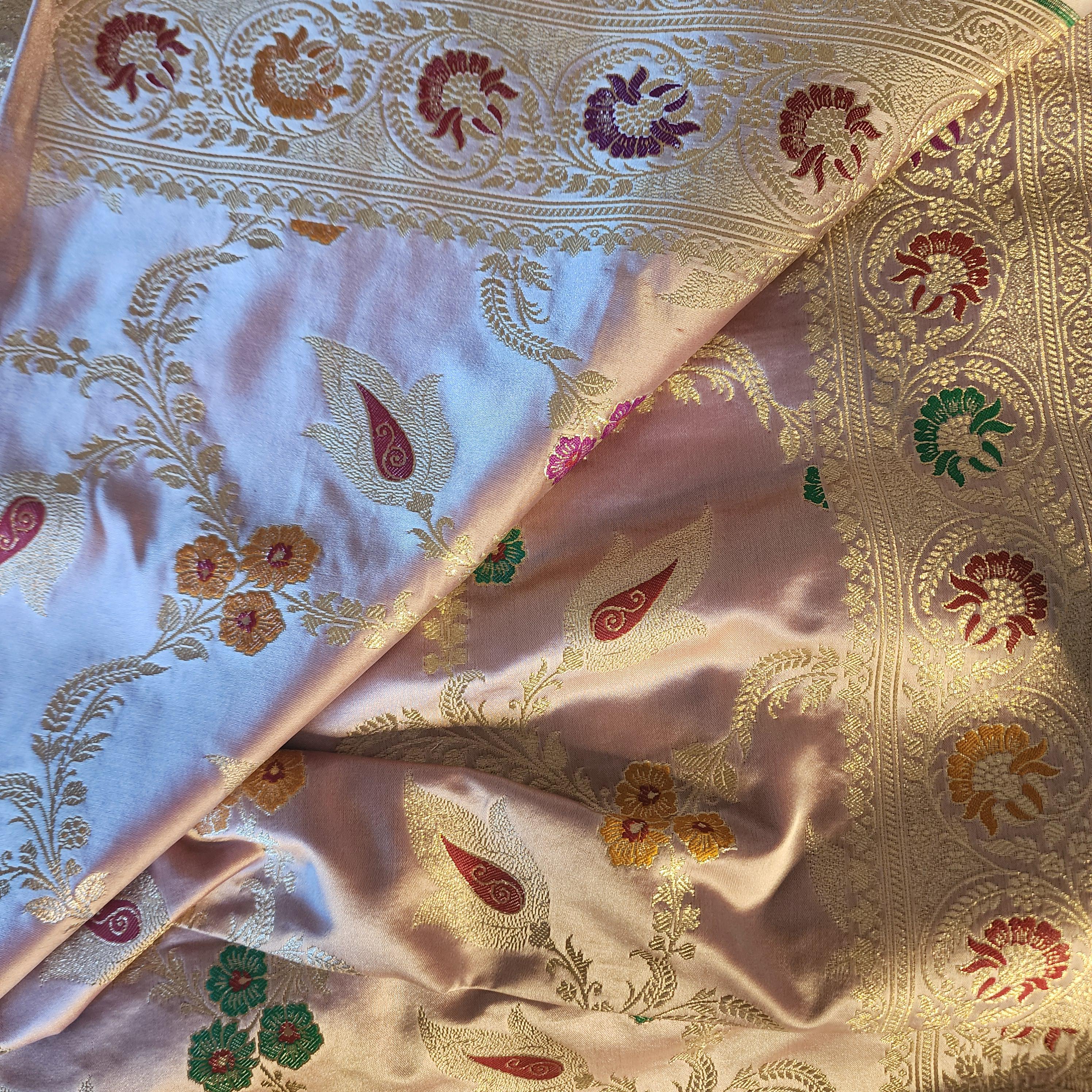 Enriched Lavender Pink Banarasi Katan Silk Saree with Multicolor Meenakari Floral Jaal
