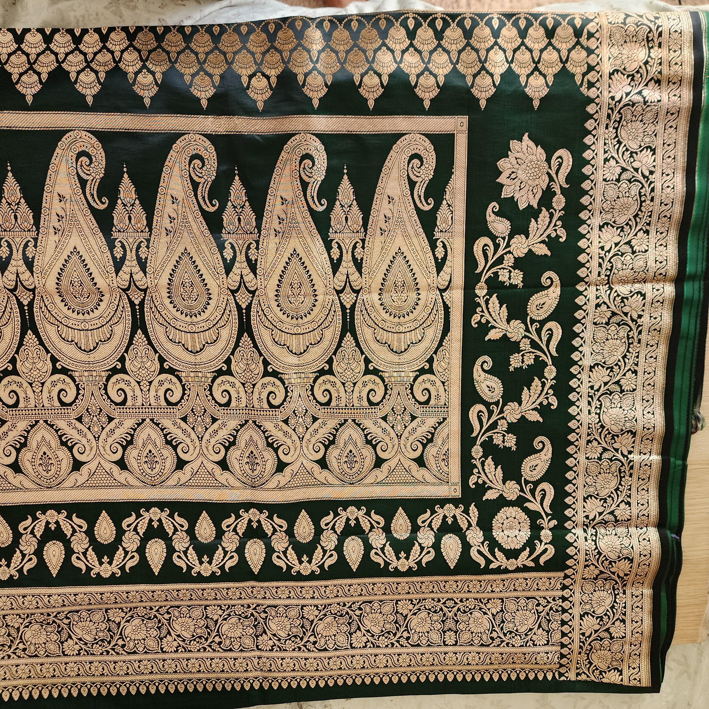 Rich Dark Bottle Green, Pure Banarasi Katan Silk Saree with Rich Gold & Silver Zari Weaving