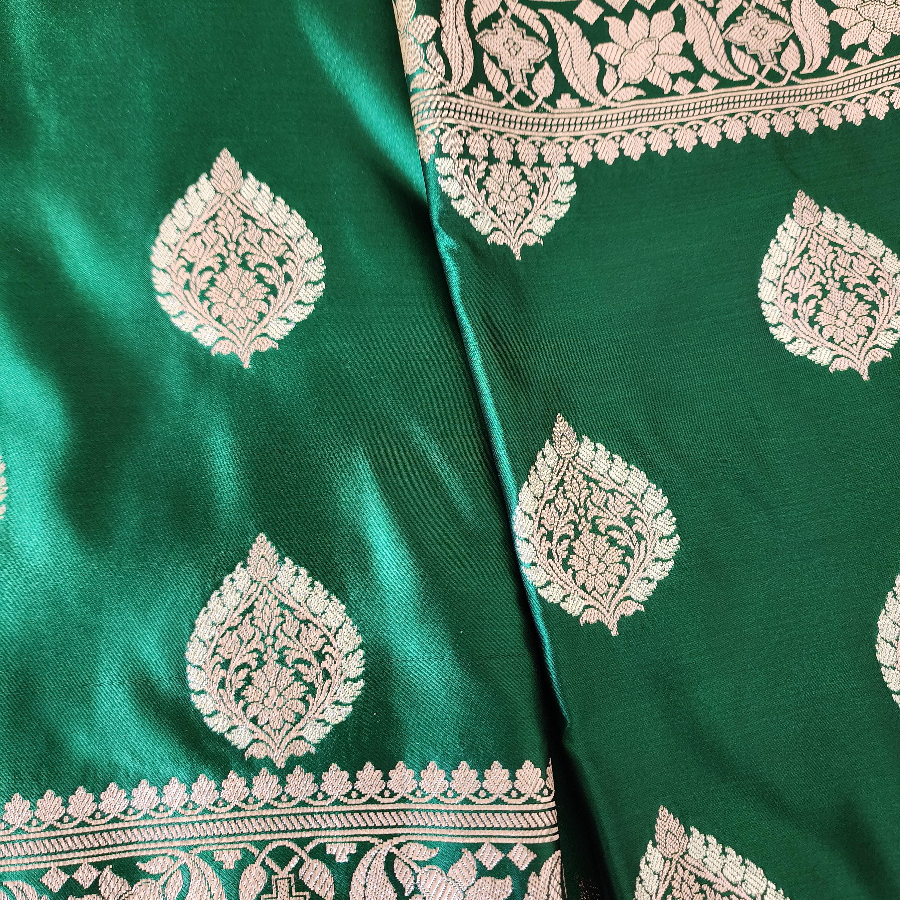 Royal Emerald Green, Pure Banarasi Katan Silk Saree with Rich Gold & Silver Zari Weaving