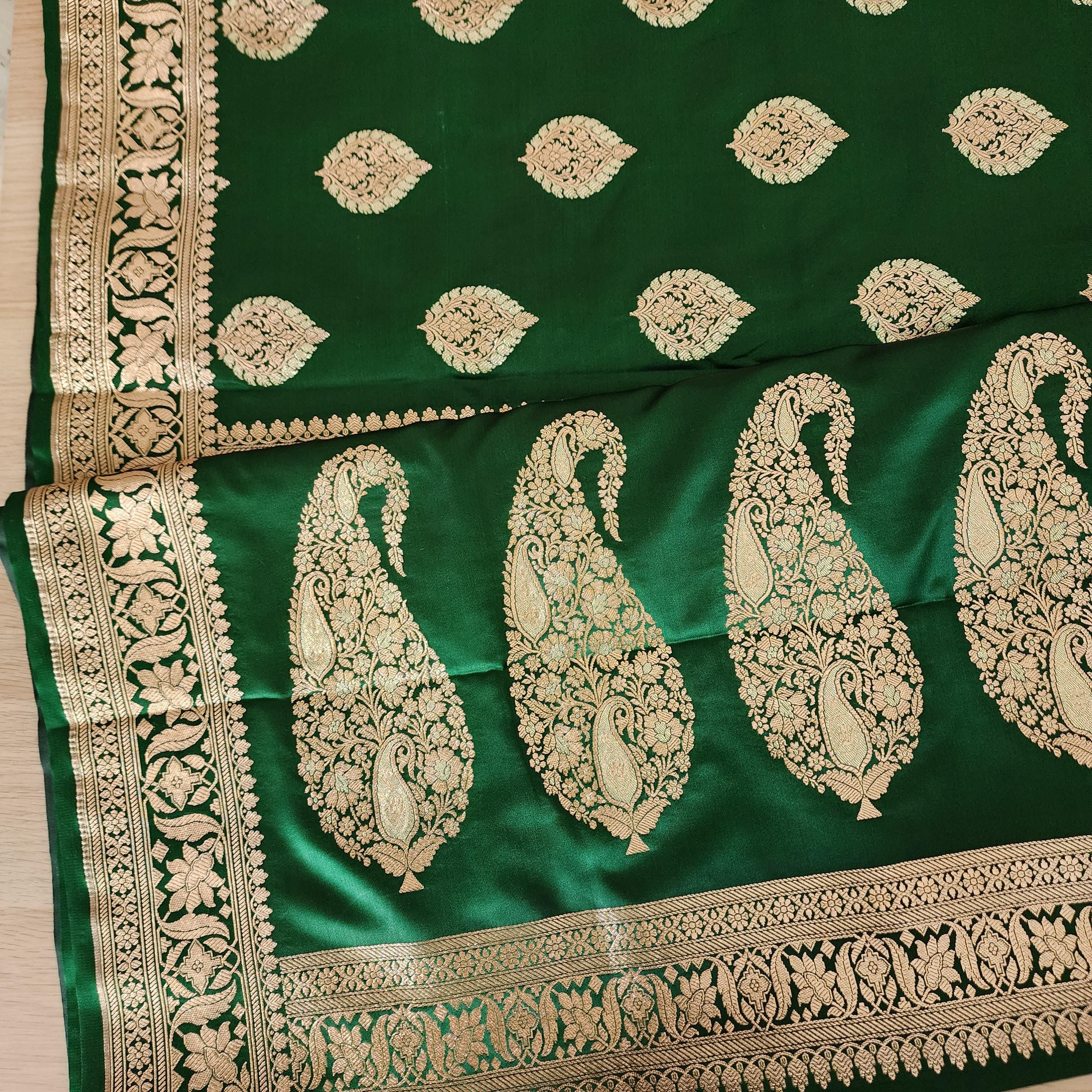 Royal Emerald Green, Pure Banarasi Katan Silk Saree with Rich Gold & Silver Zari Weaving