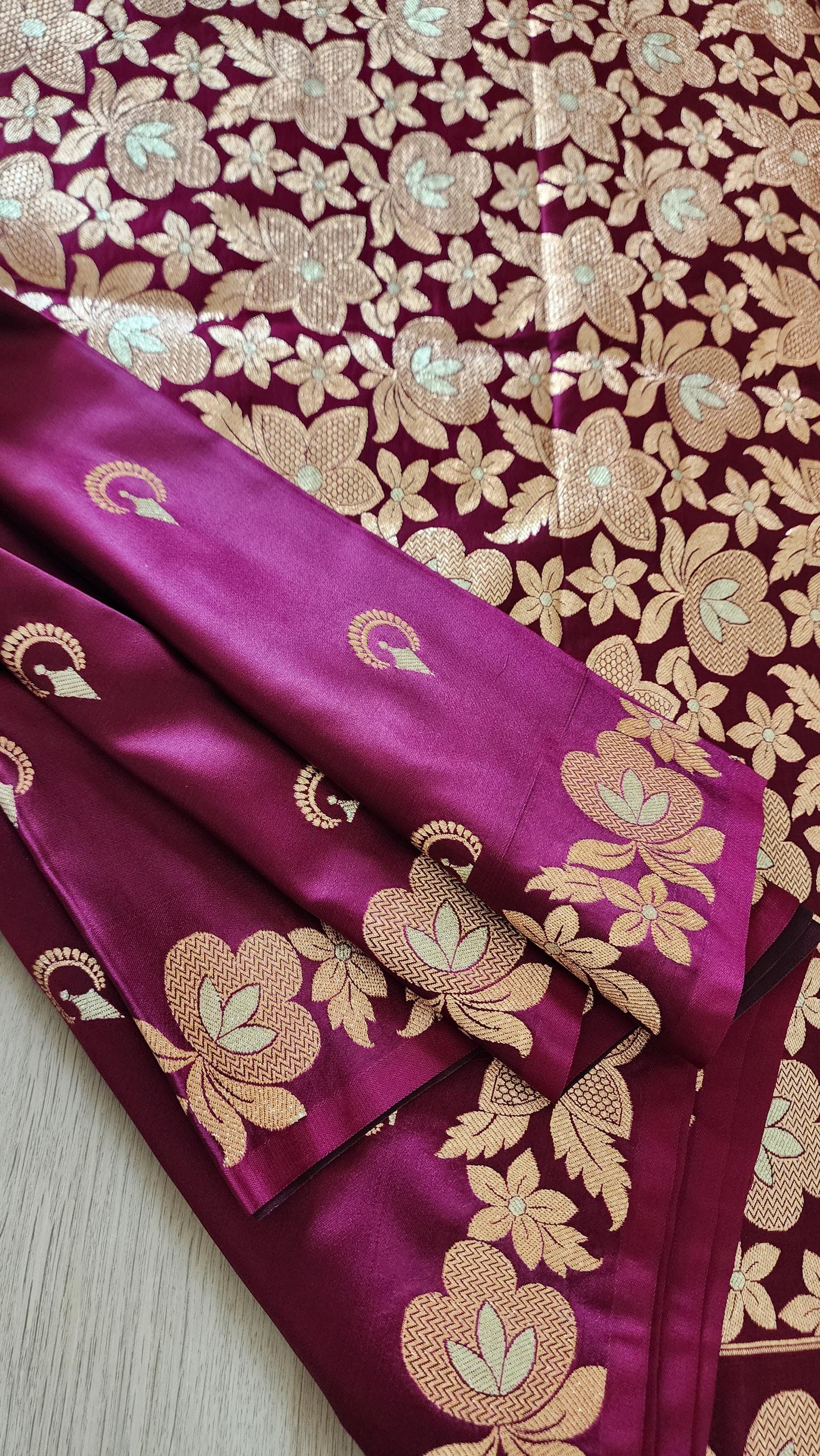 Dark Magenta, Pure Banarasi Katan Silk Saree with Rich Gold & Silver Zari Weaving