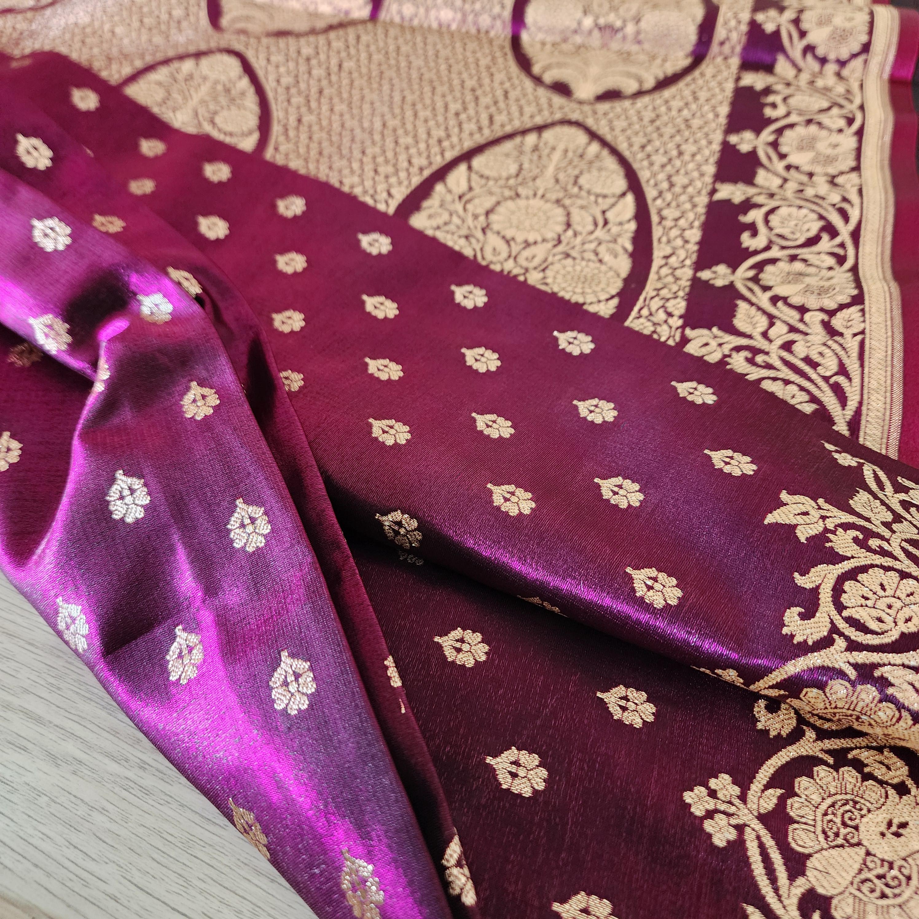 Timeless Deep Purple, Pure Banarasi Katan Silk Saree with Rich Gold & Silver Zari Weaving