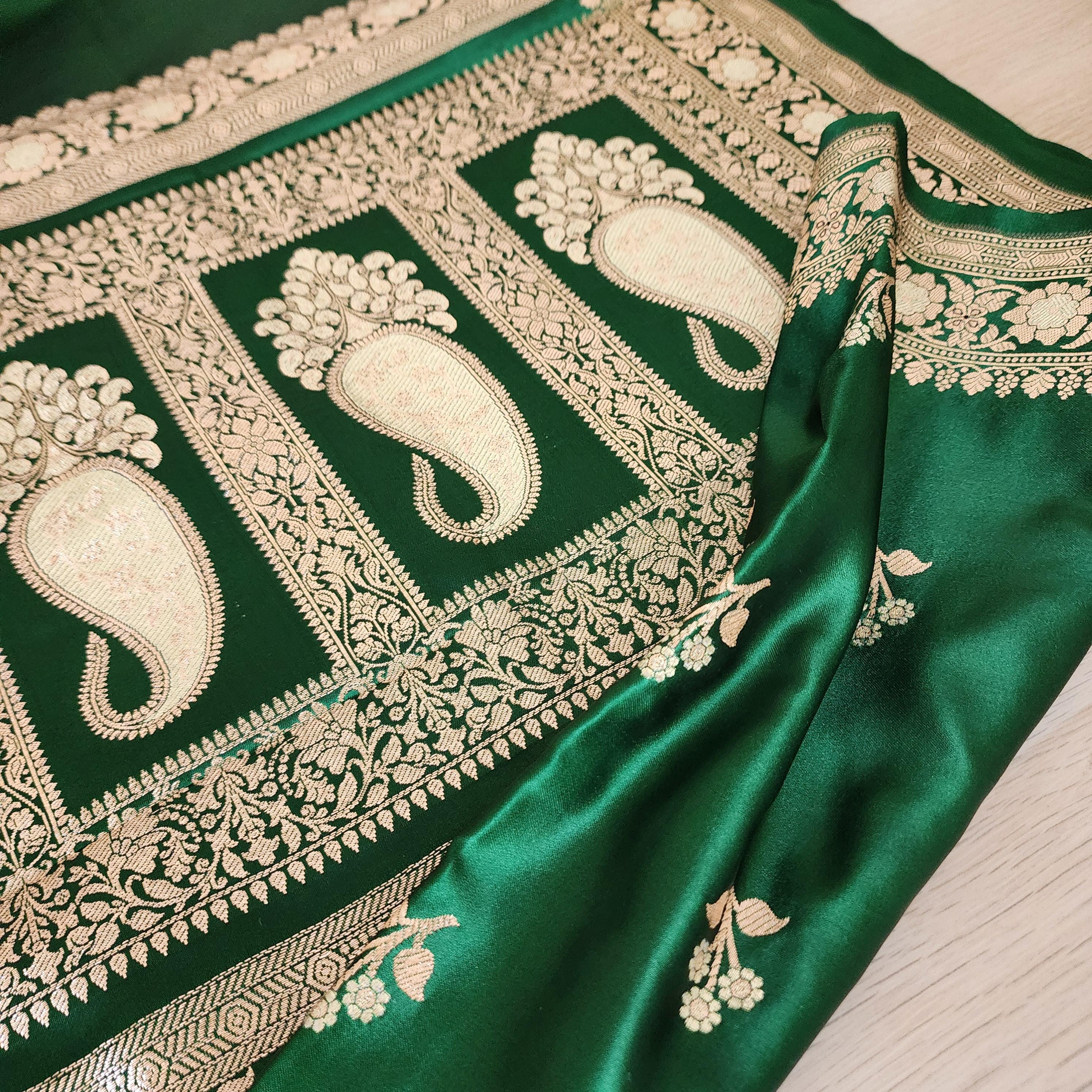 Exquisite Emerald Green, Pure Banarasi Katan Silk Saree with Rich Gold & Silver Zari Weaving
