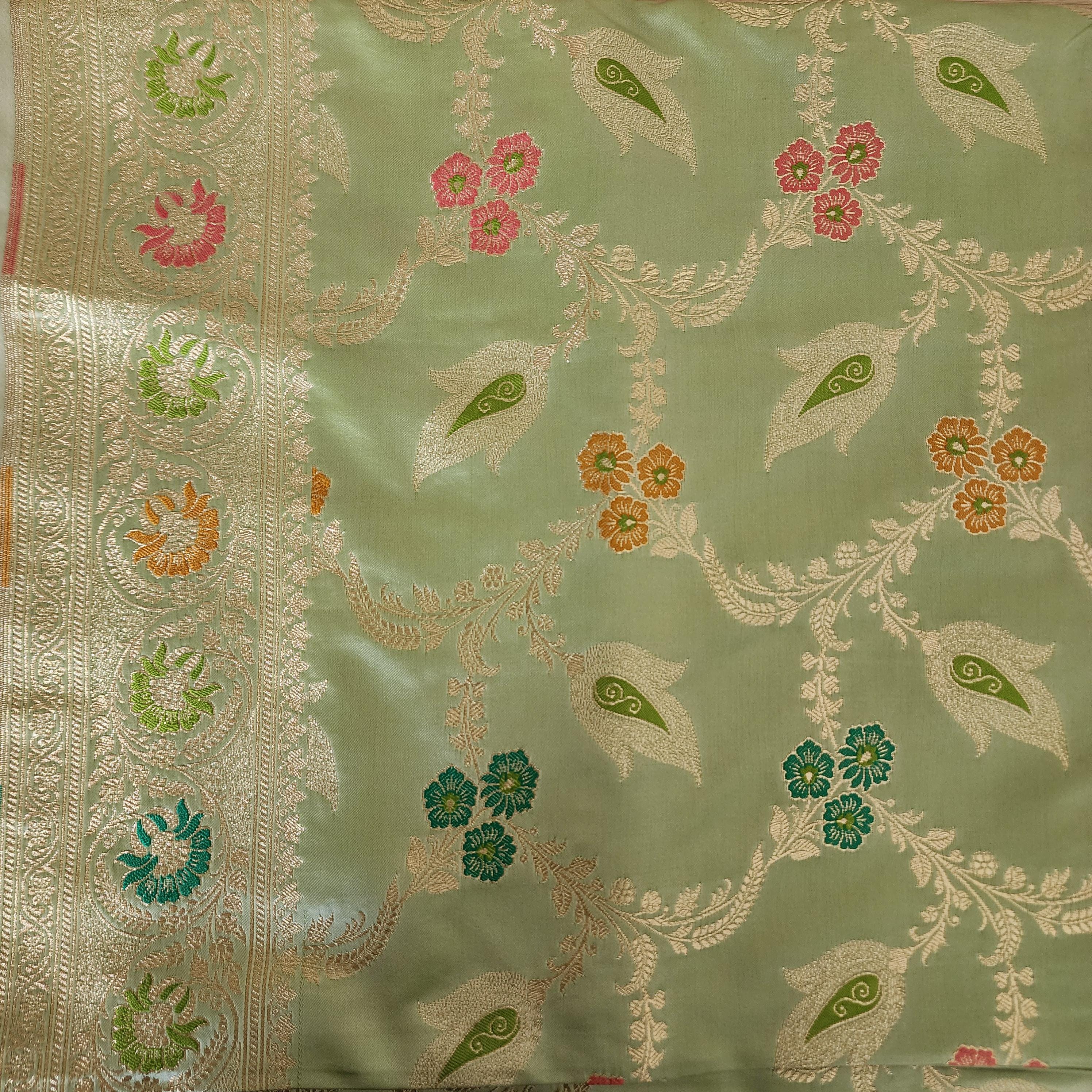 Enriched Green Banarasi Katan Silk Saree with Multicolor Meenakari Floral Jaal