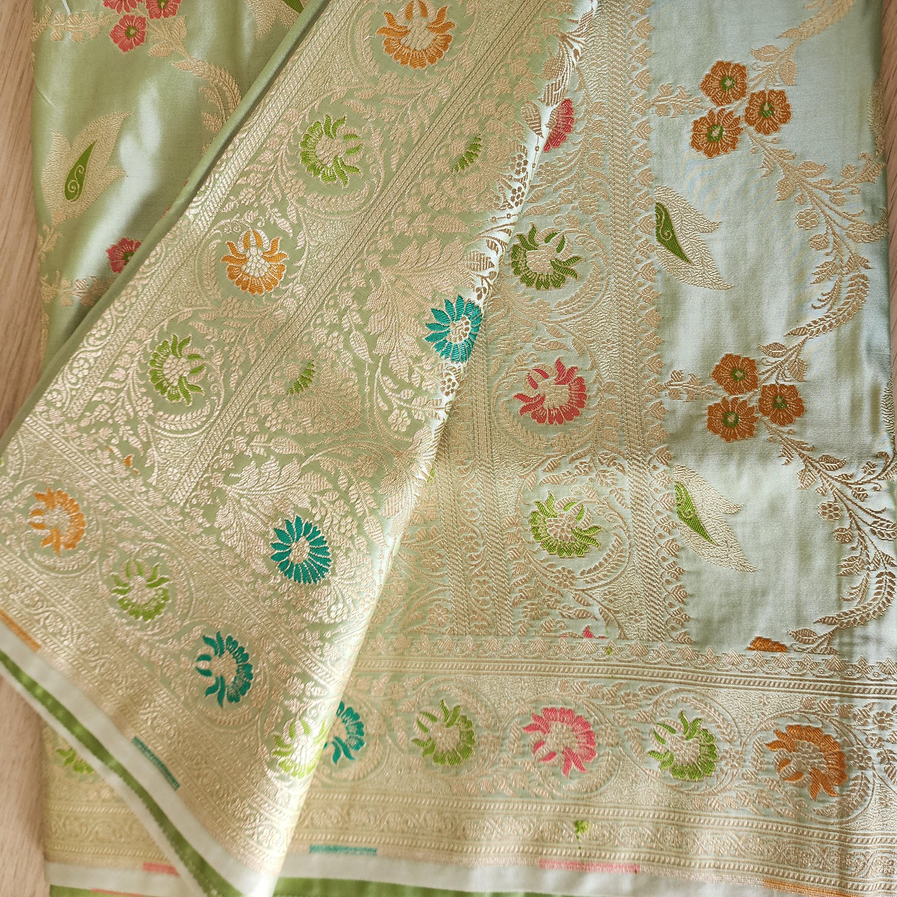 Enriched Green Banarasi Katan Silk Saree with Multicolor Meenakari Floral Jaal