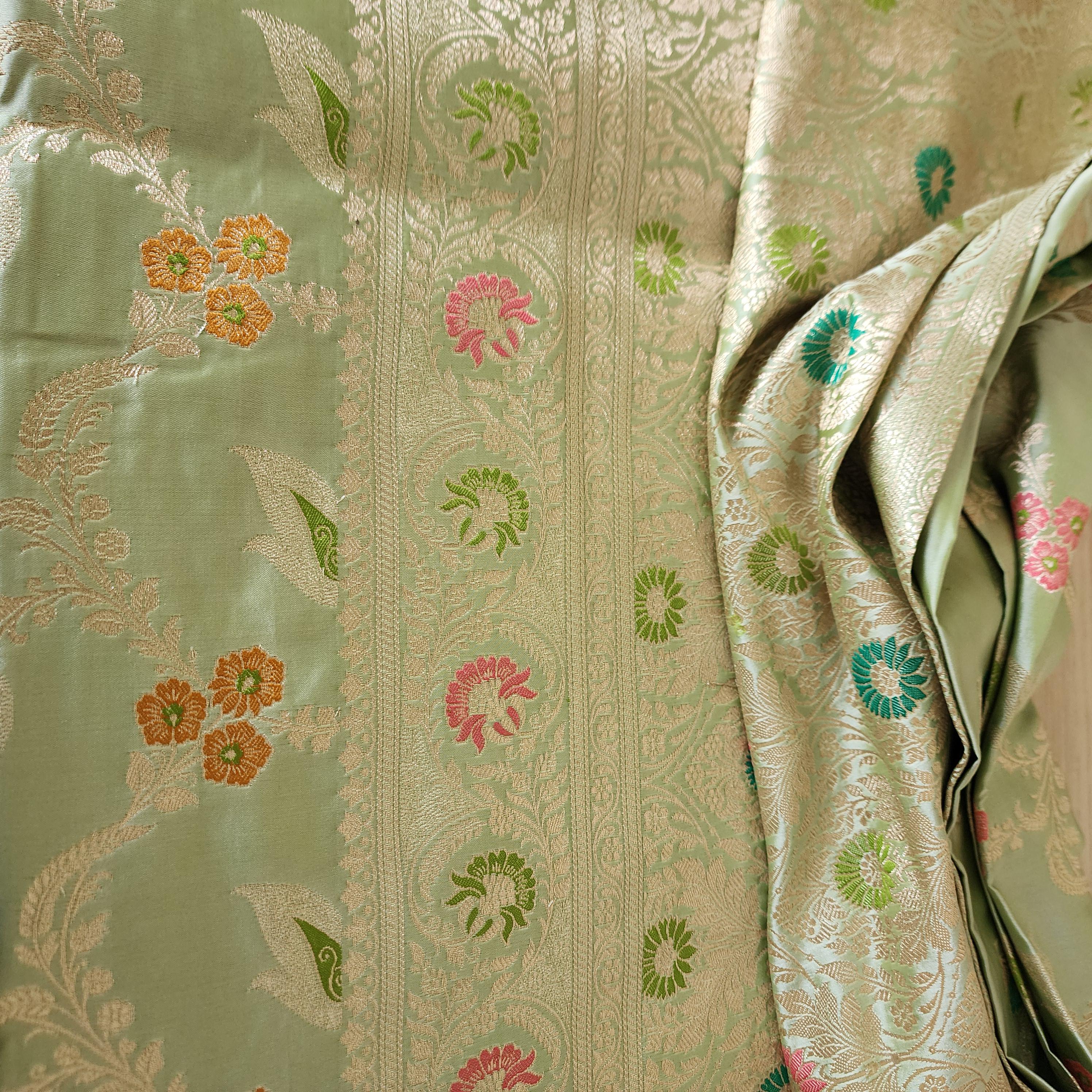 Enriched Green Banarasi Katan Silk Saree with Multicolor Meenakari Floral Jaal