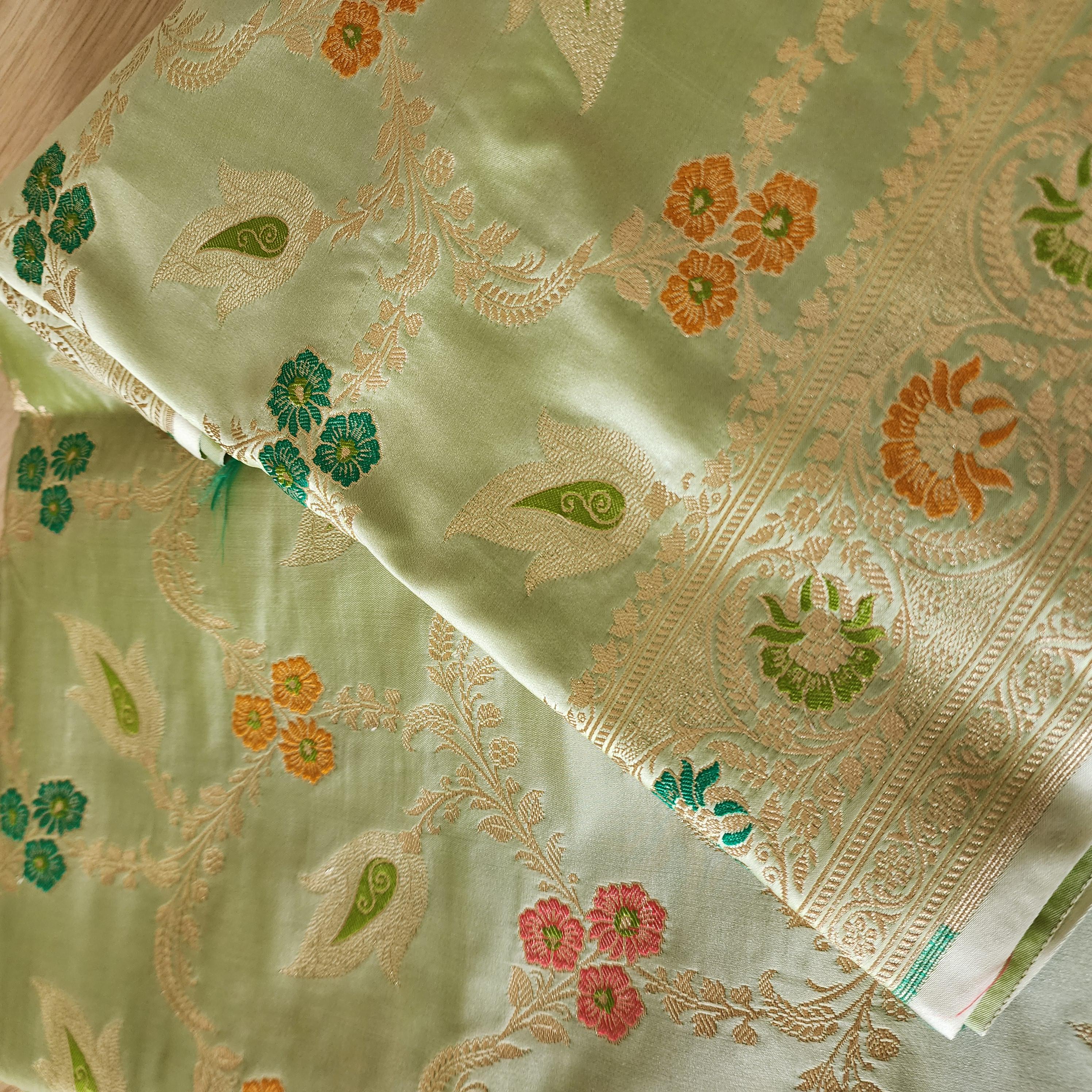 Enriched Green Banarasi Katan Silk Saree with Multicolor Meenakari Floral Jaal